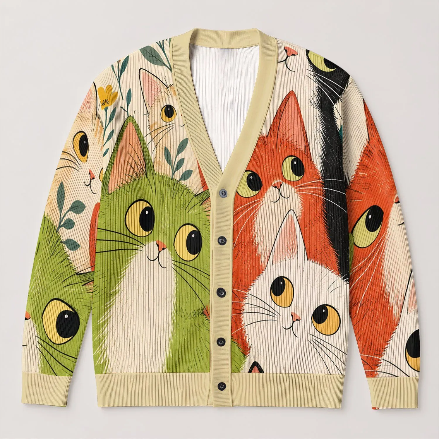 Colorful Cat Faces For Relaxed Spring Layering And Everyday Casual Wardrobe Styling All-over Print Knitted Cardigan - 1