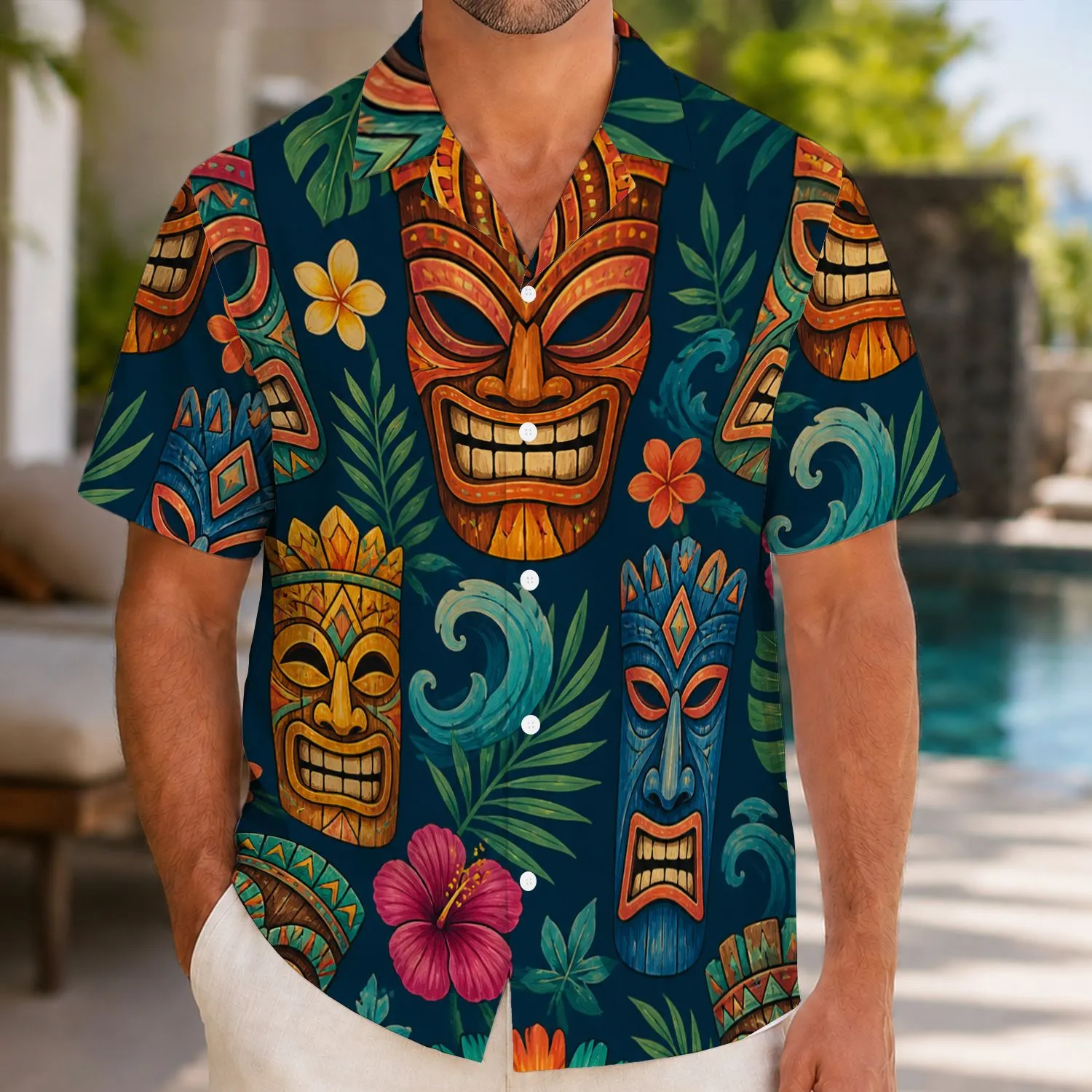 Colorful Tiki Masks and Tropical Flowers for Beach Vacations, Men’s Summer Style Hawaiian Shirt - 1
