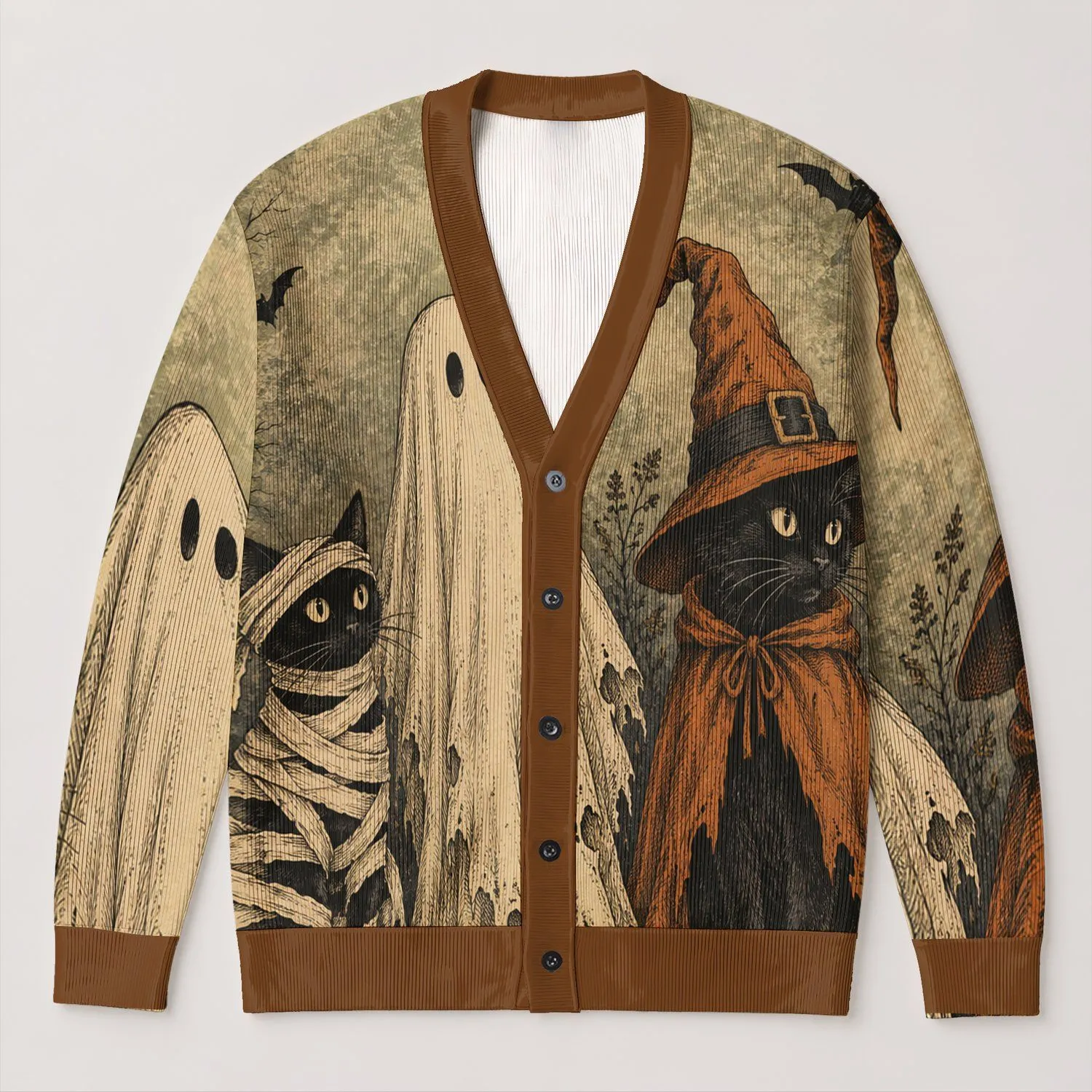 Halloween Black Cat Ghost Trio for Autumn Gatherings and Layering with Whimsical Charm All-over Print Knitted Cardigan - 1