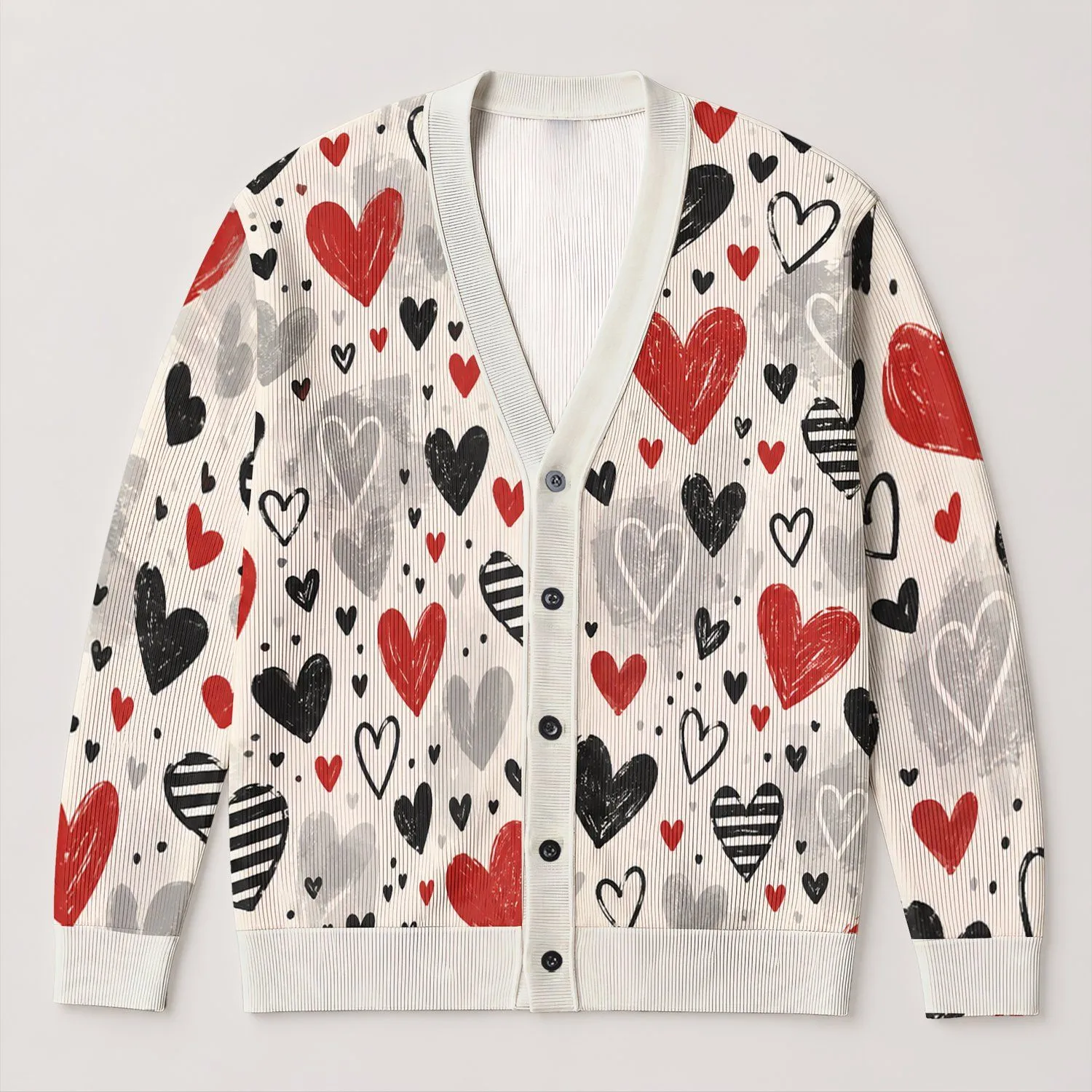 Red Black Heart Motif Valentine Style for Date Nights and Everyday Layering for Women All-over Print Knitted Cardigan - 1