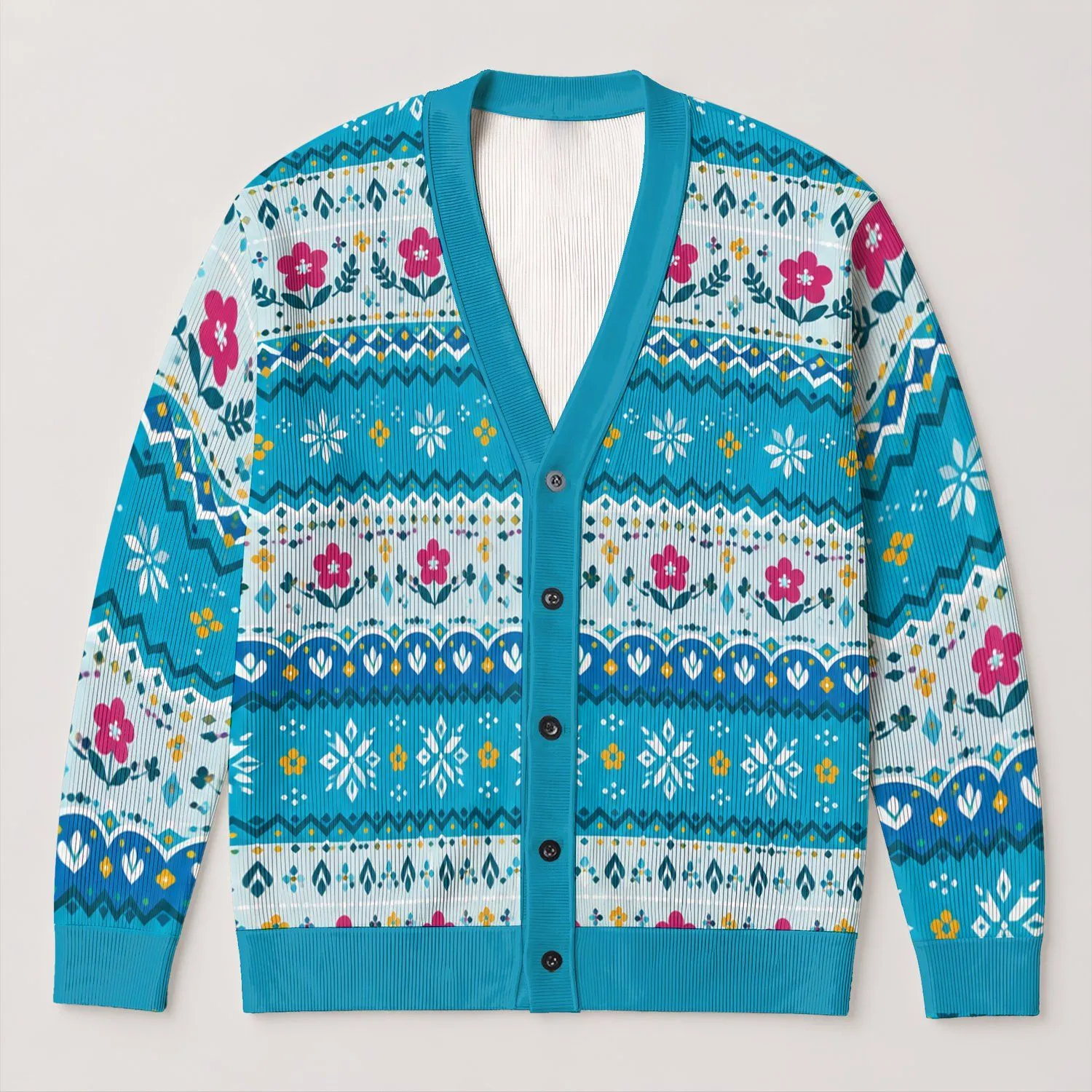 Turquoise Fair Isle Florals for Cozy Autumn Layering, Women’s Nordic Holiday Style All-over Print Knitted Cardigan - 1