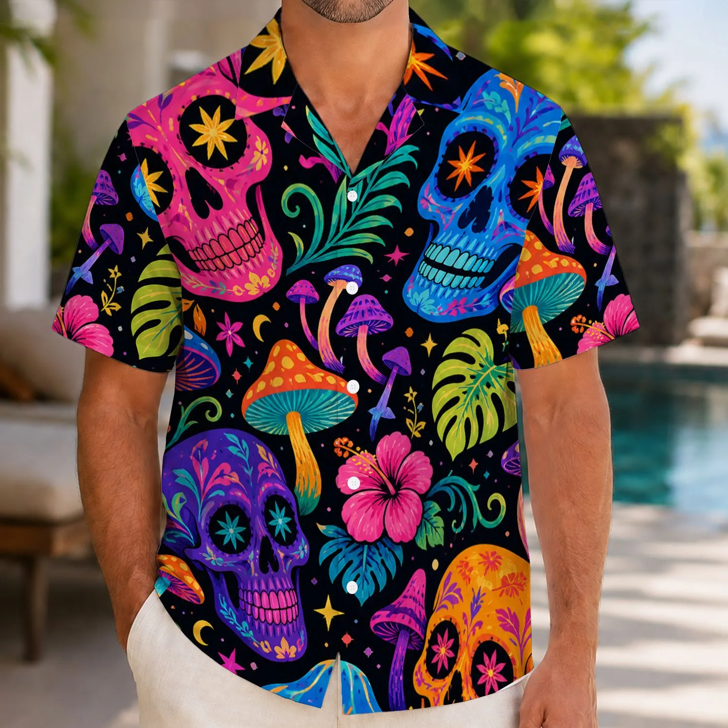 Neon Skull Mushroom Motifs for Festival Travel and Summer Beach Vacation Style Hawaiian Shirt - 1