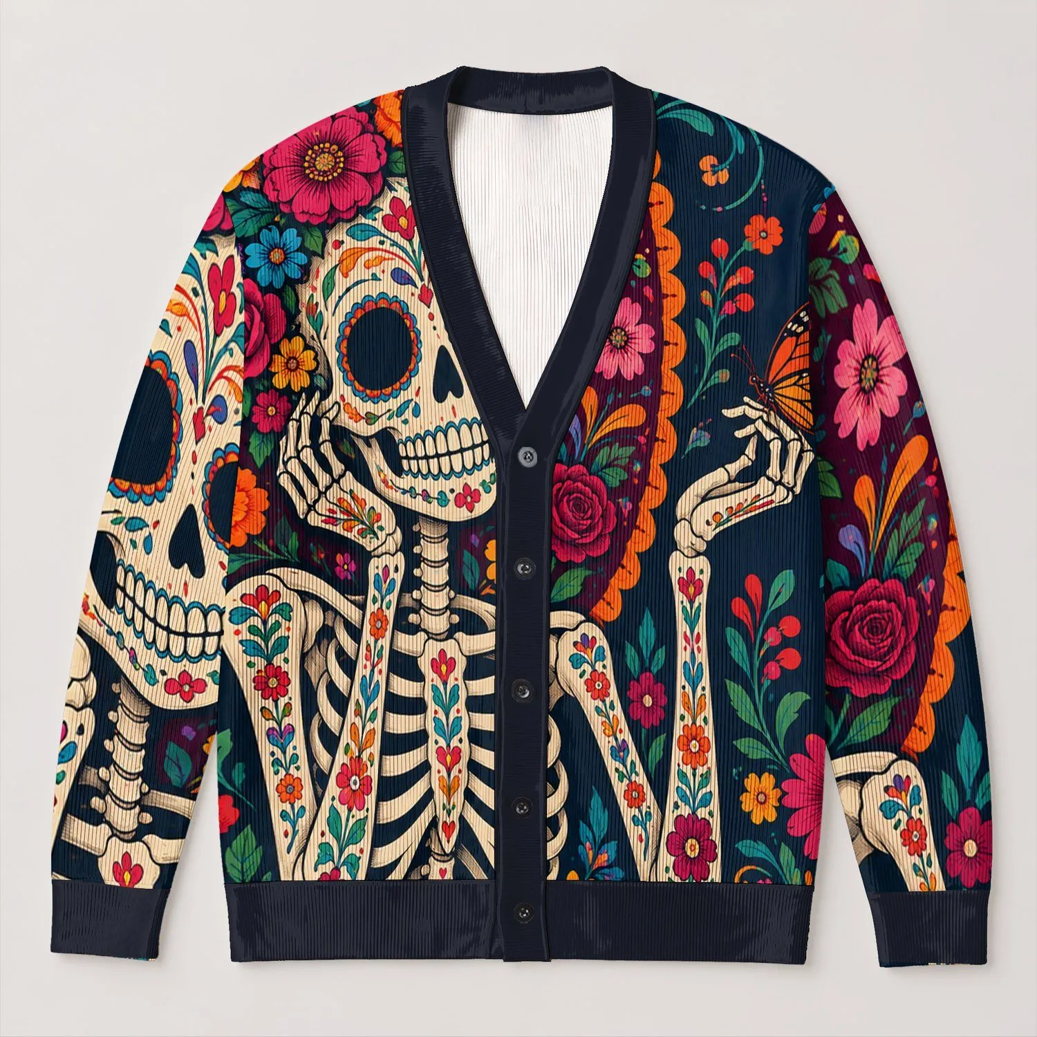 Colorful Sugar Skull Skeleton With Floral Fiesta Details For Halloween Fall Layering All-over Print Knitted Cardigan - 1