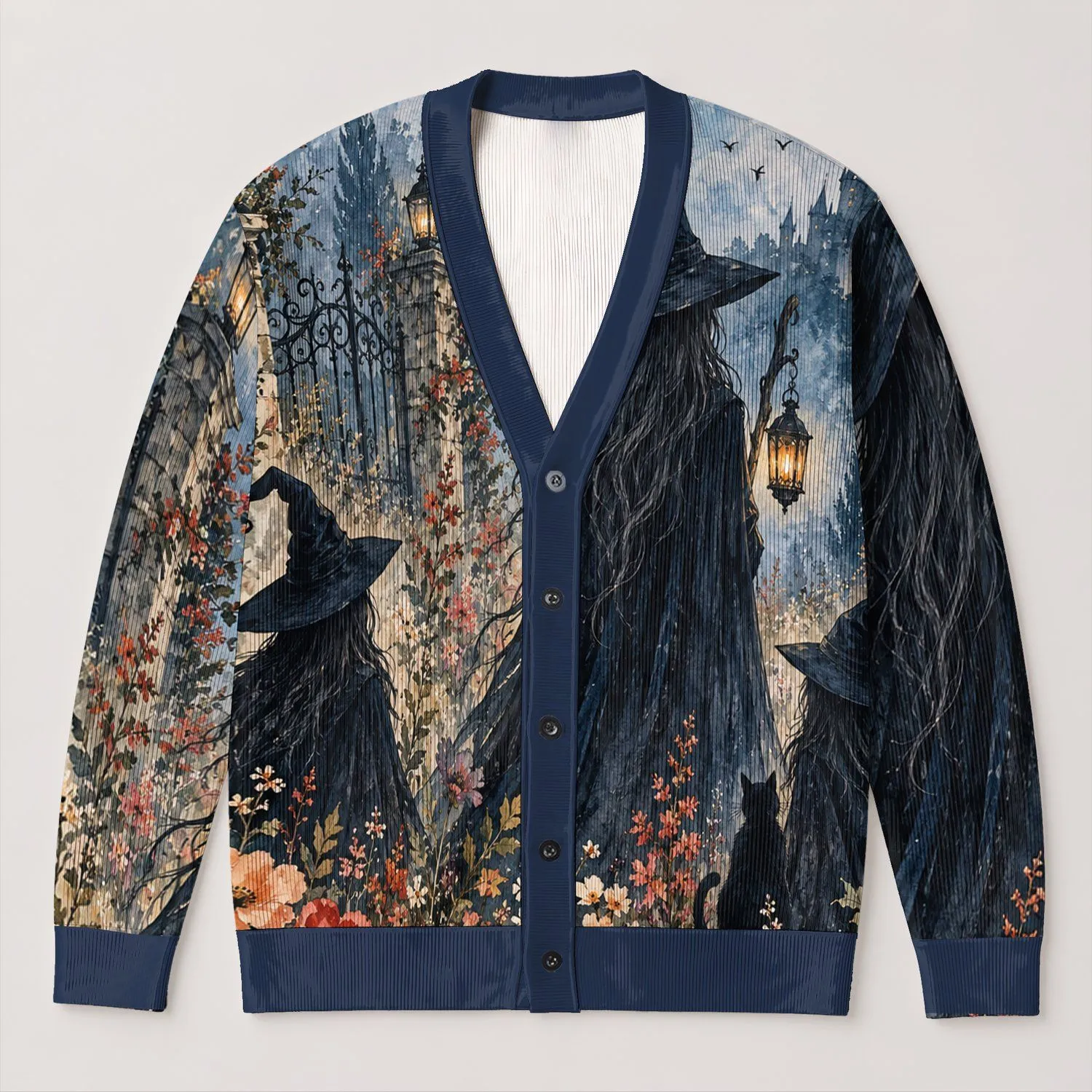 Moonlit Witch Garden for Halloween Evenings and Autumn Layering, Women’s Seasonal Style All-over Print Knitted Cardigan - 1