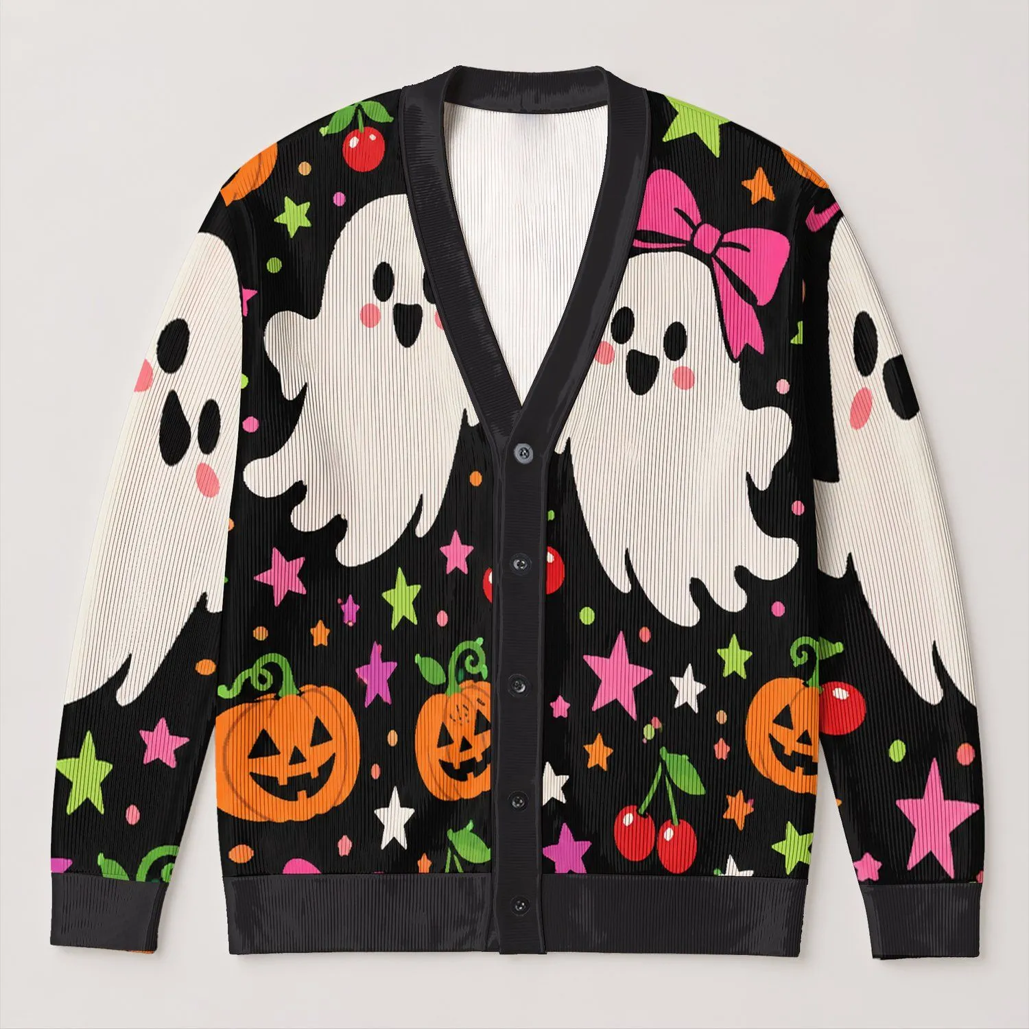 Cute Ghost Pumpkin Stars Halloween Autumn Layering Outfit Idea For Women And Teens All-over Print Knitted Cardigan - 1