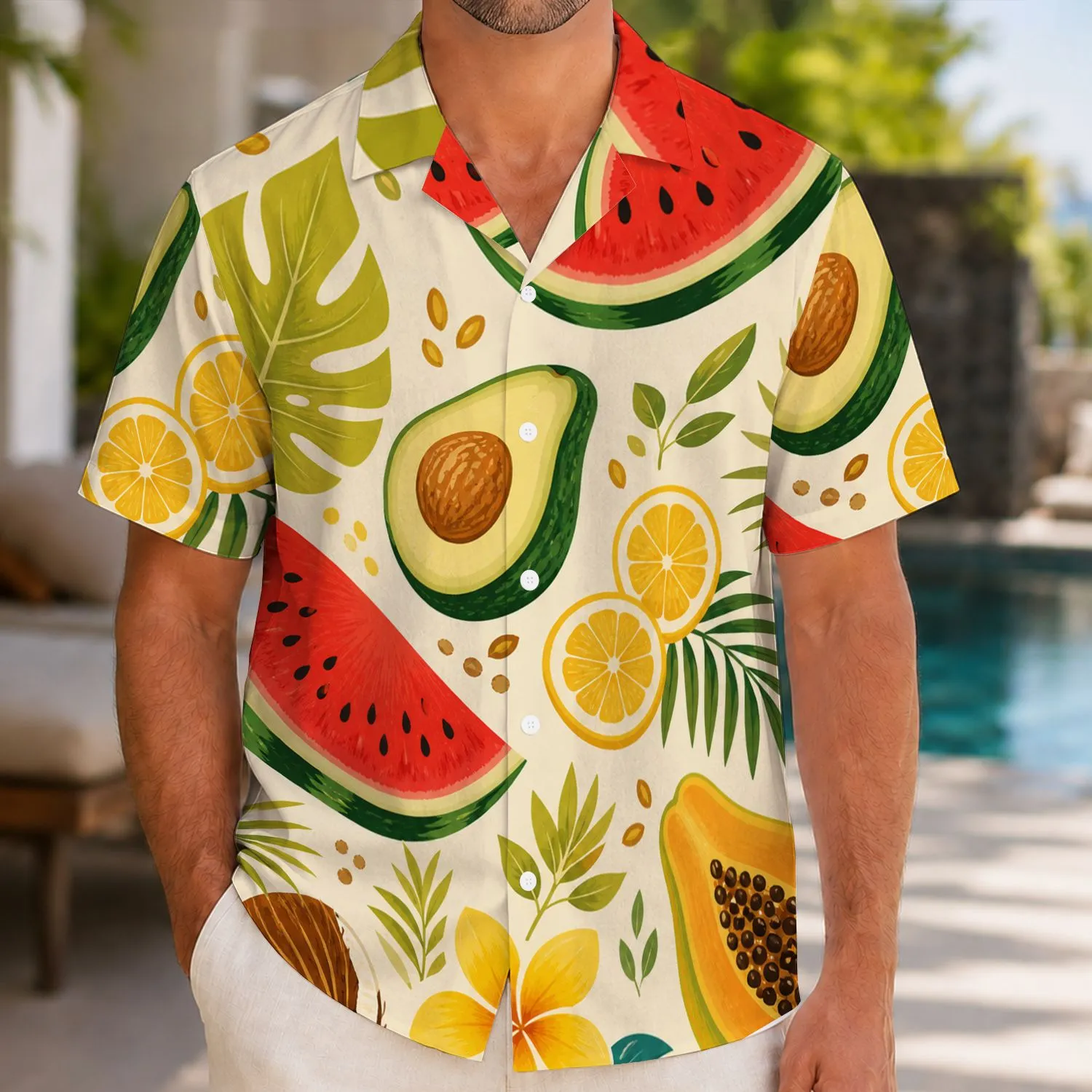 Tropical Watermelon Papaya Avocado Fruit Foliage for Beach Vacations and Summer Men Hawaiian Shirt - 1