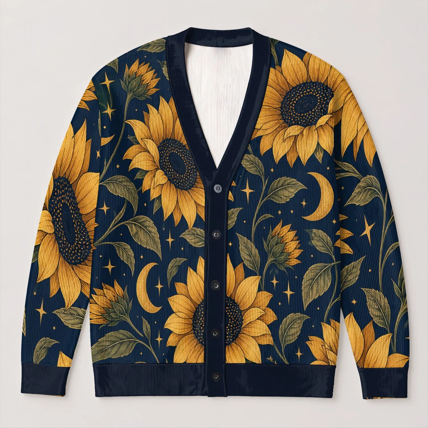 Sunflower Moon Botanical Motif for Autumn Layering, Women's Office and Streetwear Style All-over Print Knitted Cardigan - 1
