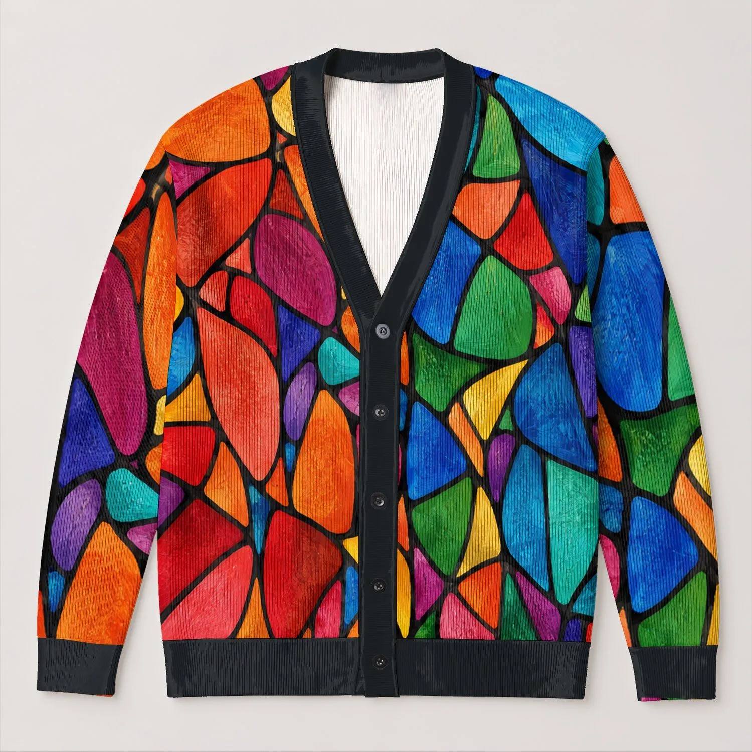 Jewel-Tone Mosaic Blooms for Autumn Layering and Colorful Everyday Women's Style All-over Print Knitted Cardigan - 1