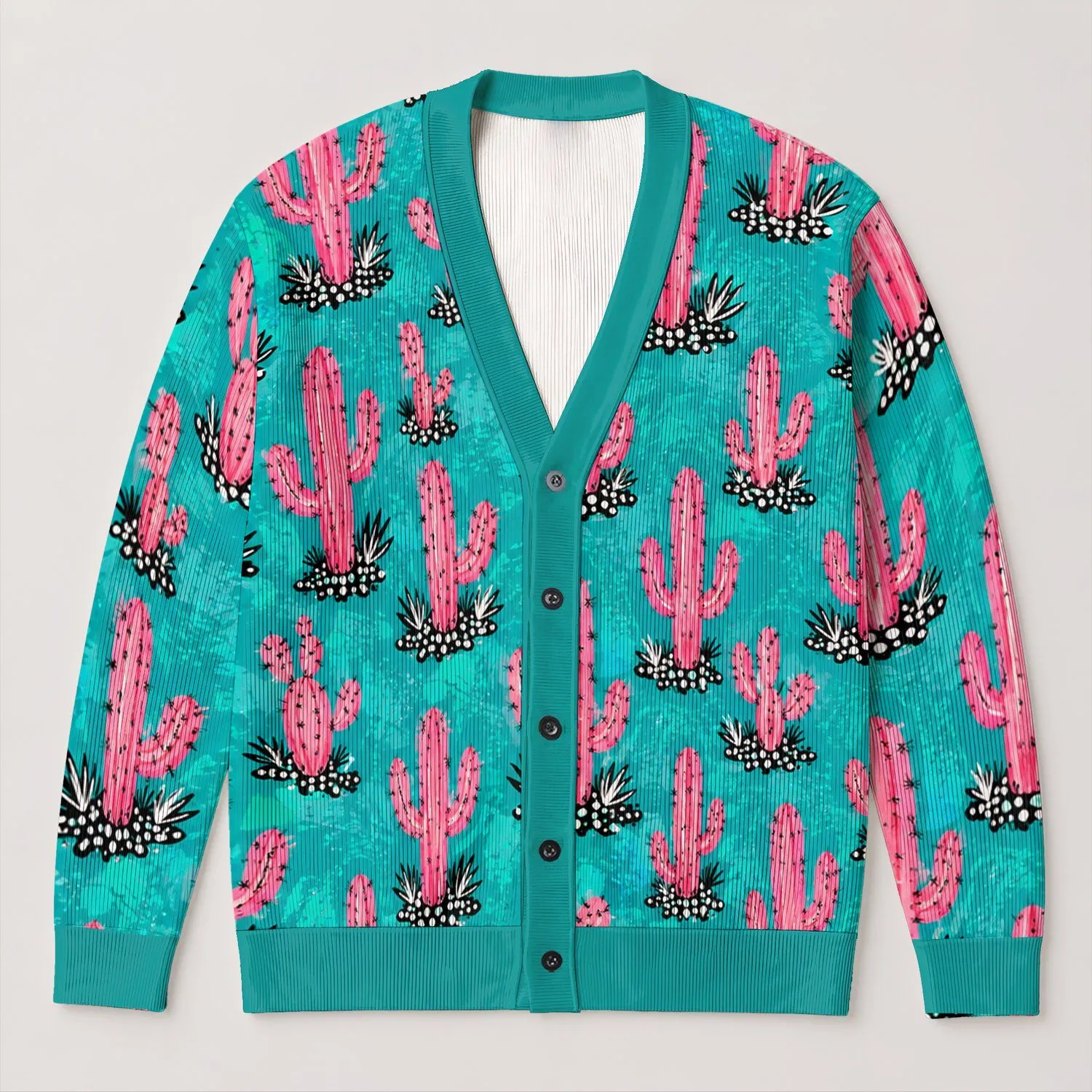 Pink Cactus Desert Motifs for Southwestern Everyday Layering, Vacation Style for Women All-over Print Knitted Cardigan - 1
