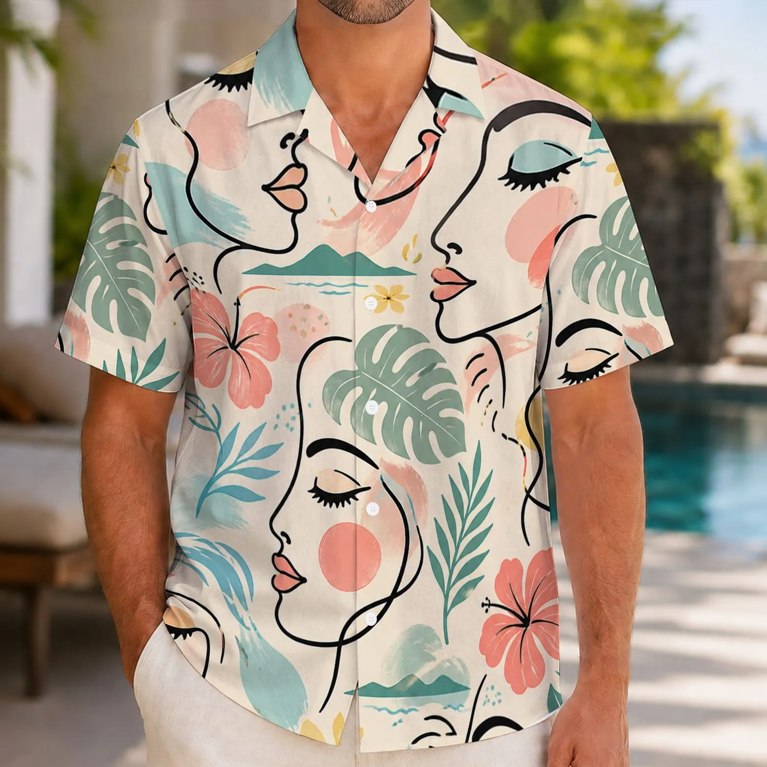 Abstract Face Linework in Pastel Tones for Beach Vacations and Resort Weekends for Men Hawaiian Shirt - 1
