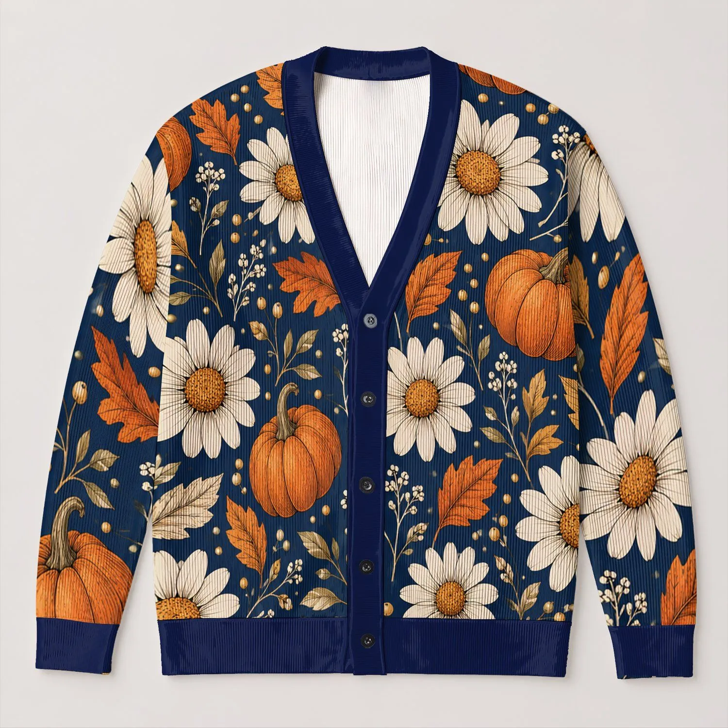 Pumpkin Daisy Autumn Garden Motifs for Cozy Fall Layering, Women's Seasonal Style All-over Print Knitted Cardigan - 1