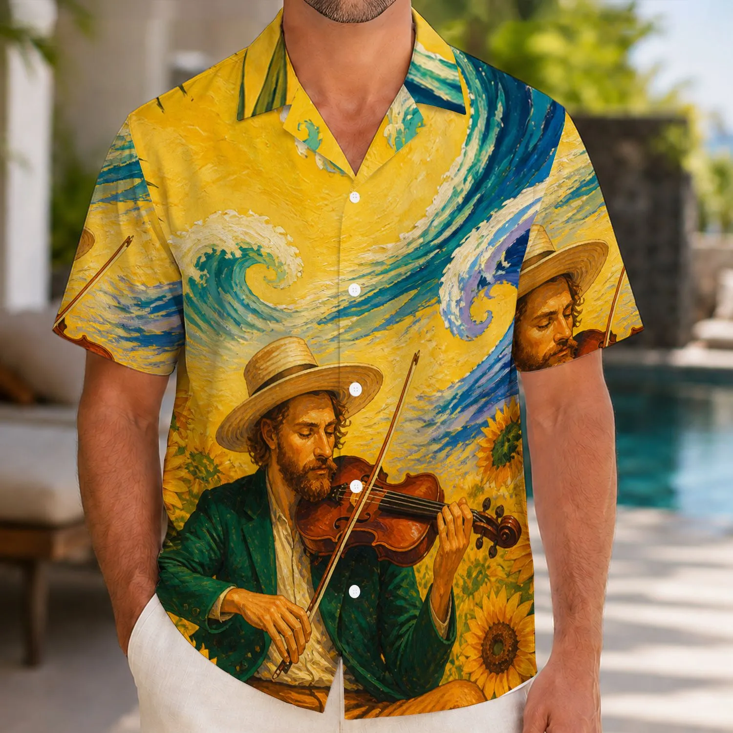 Violinist In Sunflower Meadow With Ocean Waves For Beach Vacations And Summer Getaways Hawaiian Shirt - 1
