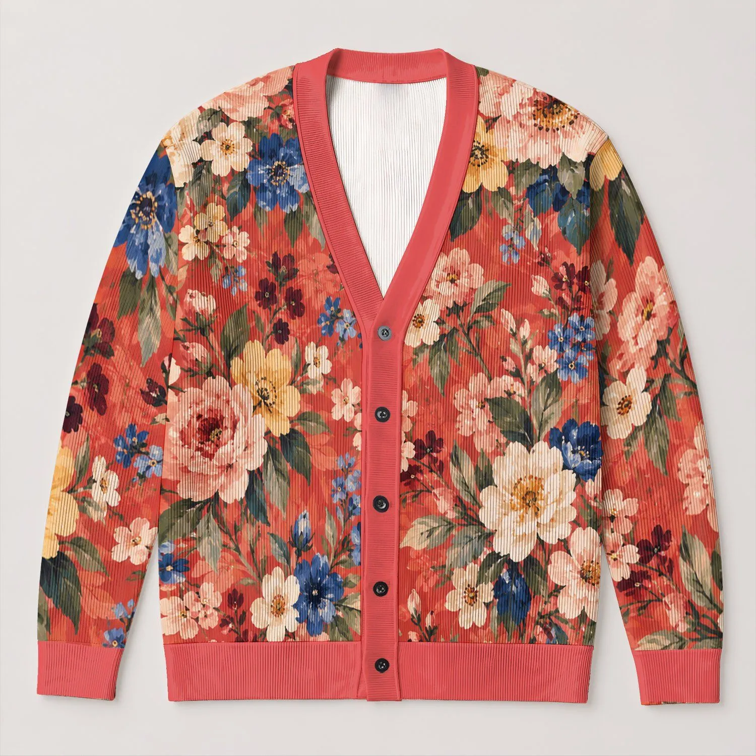 Coral Floral Bouquet Motifs For Romantic Autumn Layering And Everyday Women's Style All-over Print Knitted Cardigan - 1