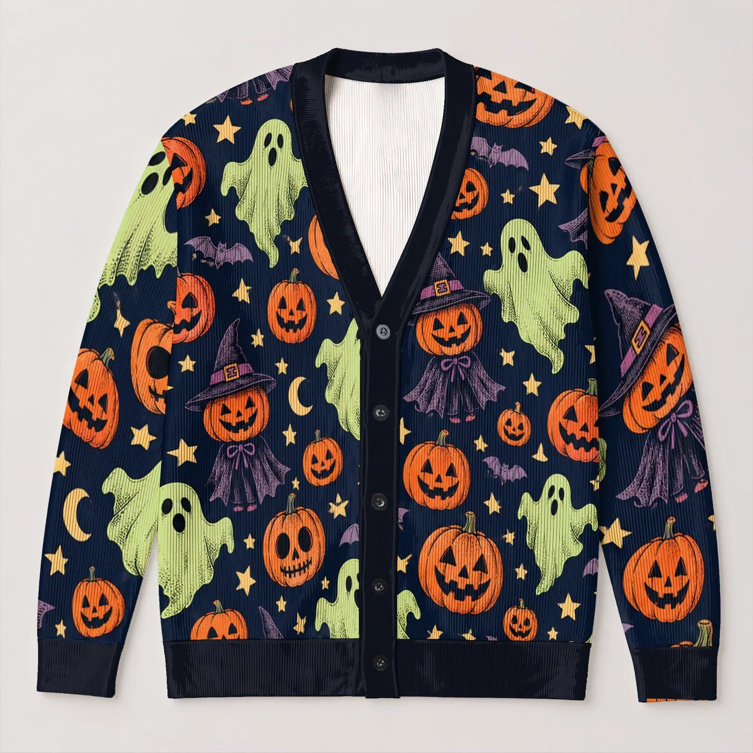Halloween Ghost Pumpkin And Skull Motifs For Autumn Parties And Cozy Seasonal Layering All-over Print Knitted Cardigan - 1