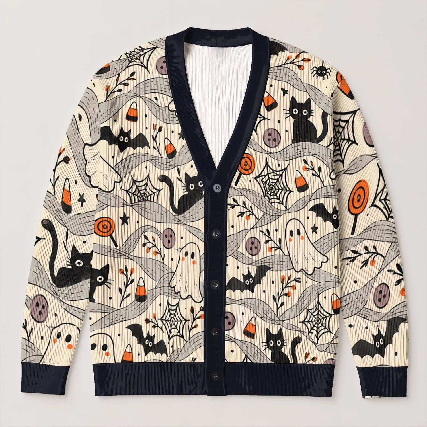 Halloween Ghosts, Black Cats and Candy Corn for Cozy Autumn Layering at Home or Out All-over Print Knitted Cardigan - 1