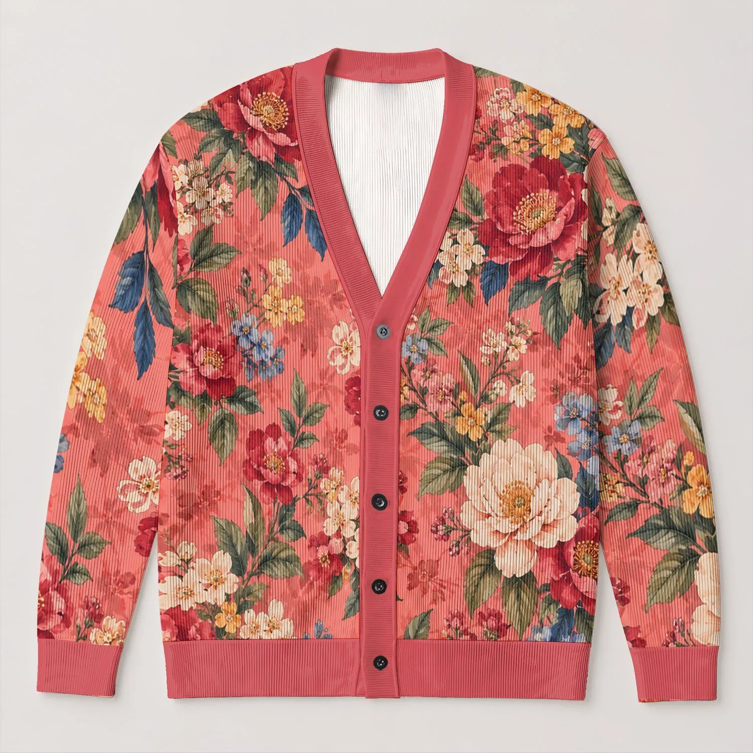 Bright Coral Floral Blooms for Spring Layering and Semi-Formal Days for Women’s Everyday Wear All-over Print Knitted Cardigan - 1