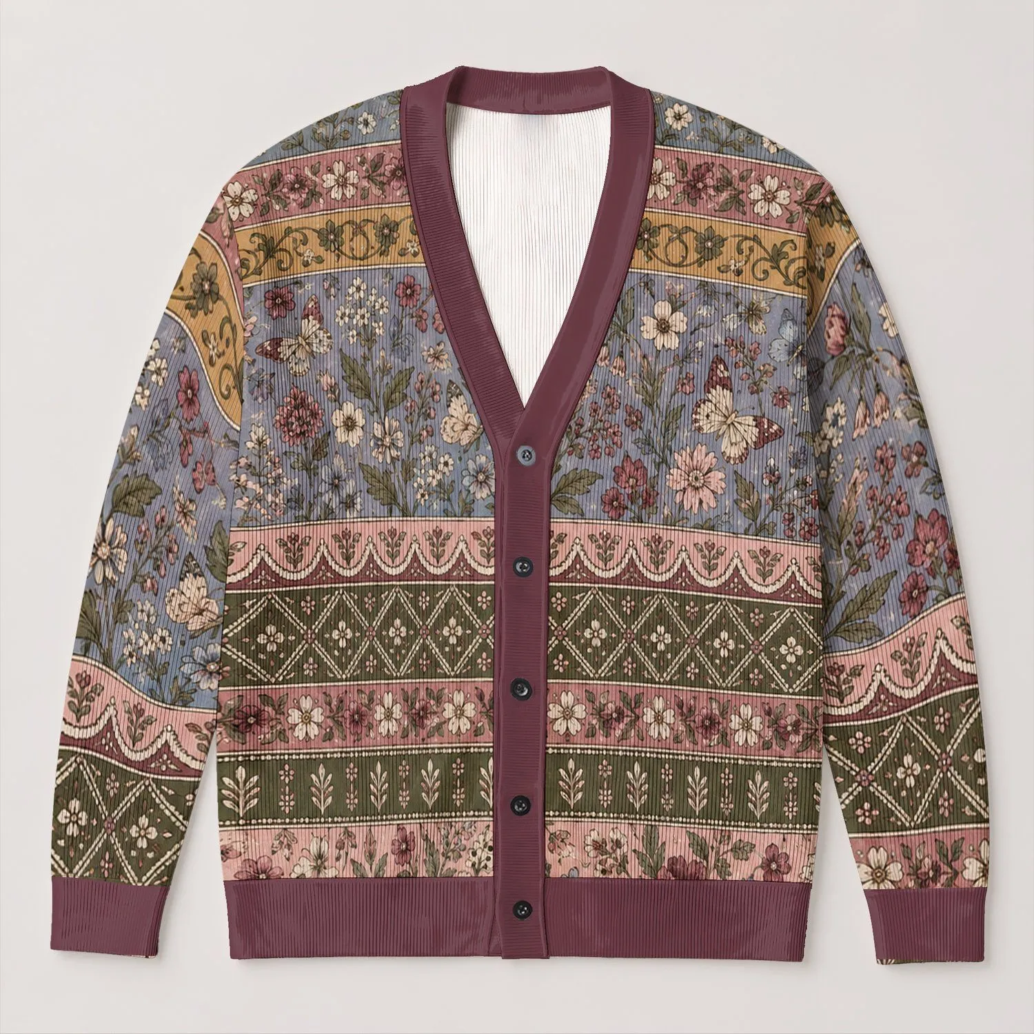 Vintage Floral Botanical Bands for Relaxed Spring Layering, Women’s Everyday Style All-over Print Knitted Cardigan - 1