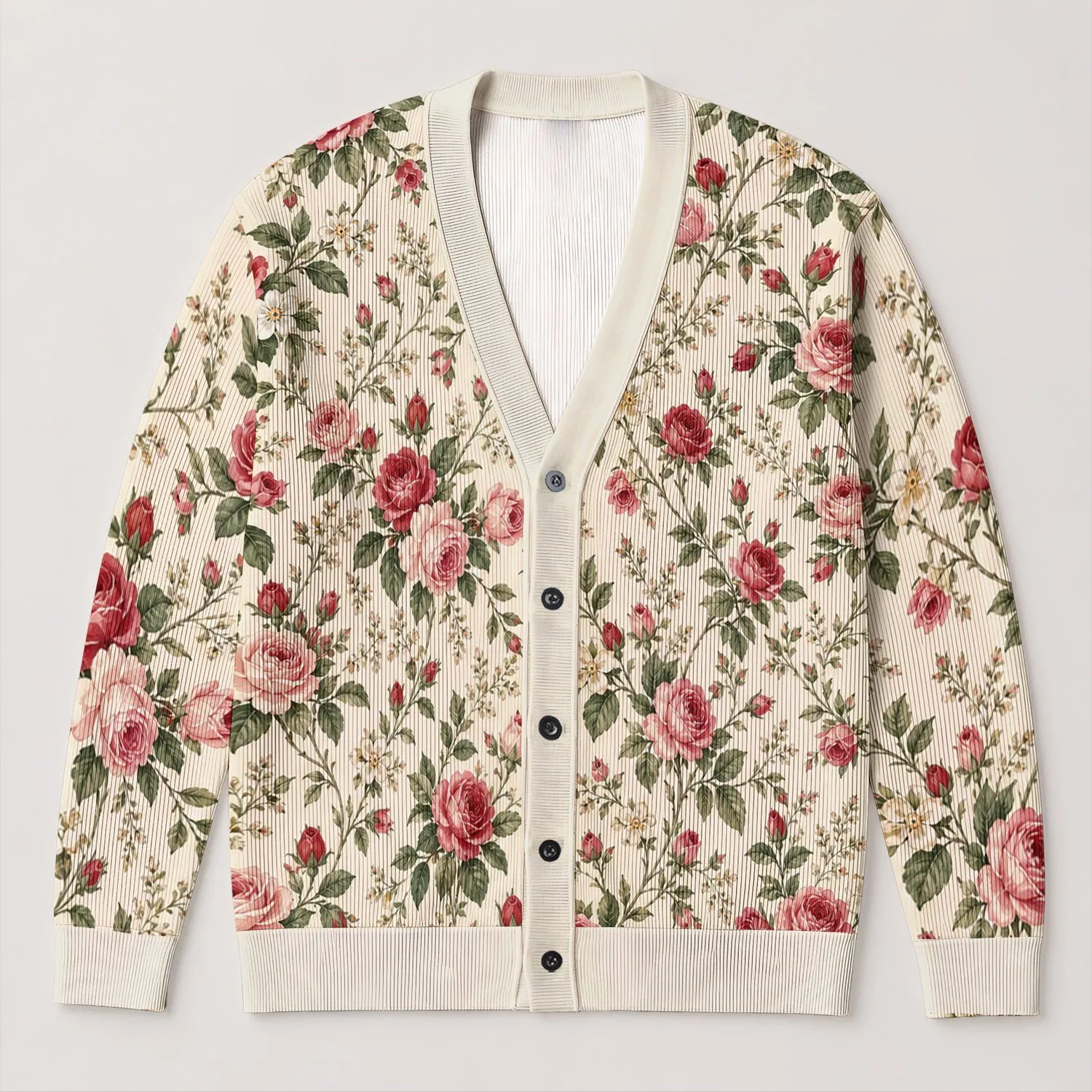 Rose Bouquet Motifs for Relaxed Autumn Layering, Women's Romantic Cottage Style Wear All-over Print Knitted Cardigan - 1