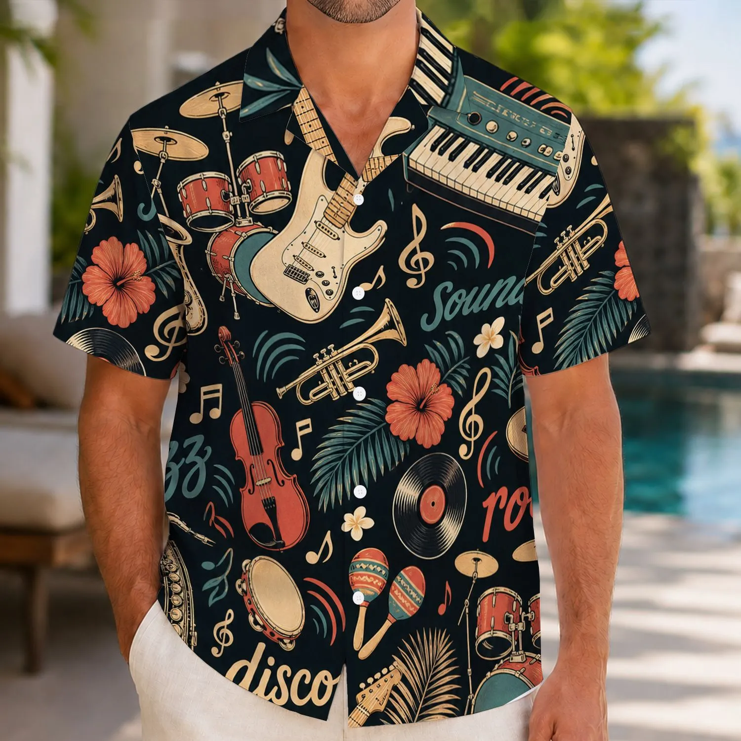 Retro Music Instrument Motifs for Beach Concert Nights, Festivals, and Vacation Style Hawaiian Shirt - 1