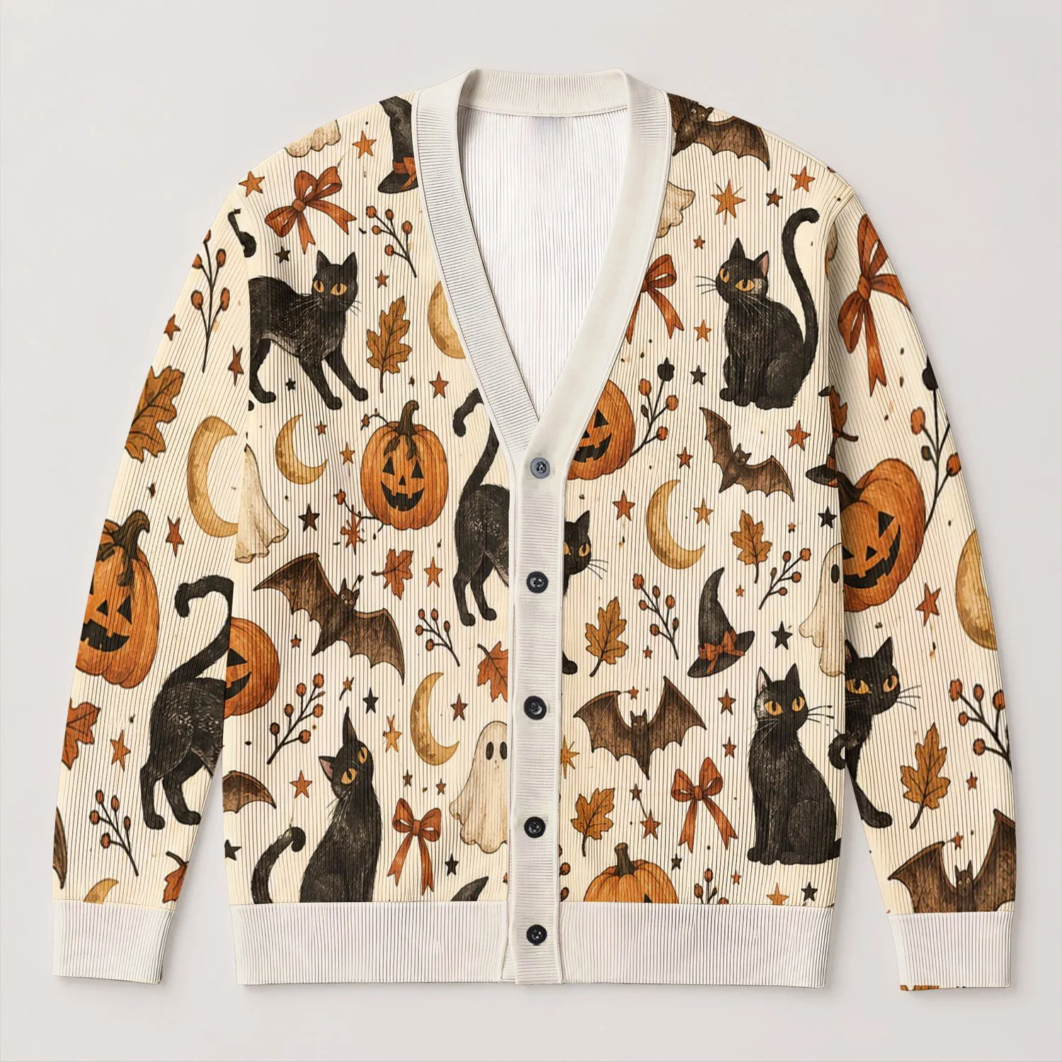 Pumpkins, Black Cats And Bats For Cozy Halloween Layering And Autumn Outfits For Women All-over Print Knitted Cardigan - 1