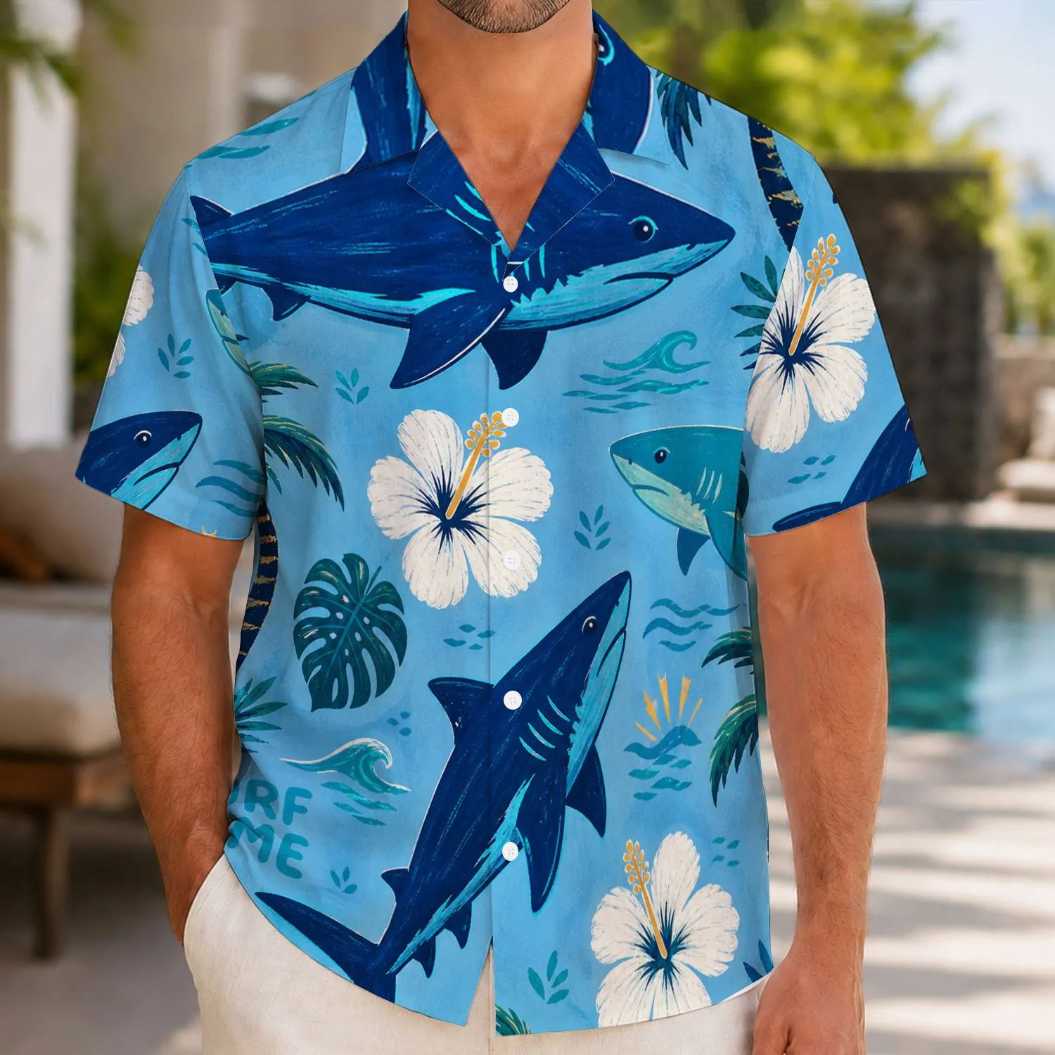 Coconut Tree Sharks for Beach Vacation Style, Tropical Surf Gift for Men, Ocean Blue Hawaiian Shirt - 1