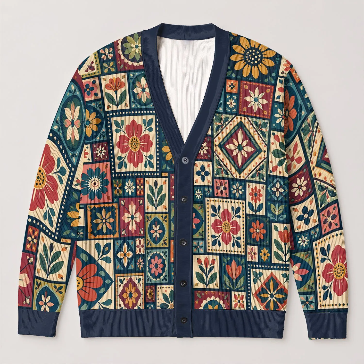 Colorful Granny Square Florals for Boho Layering and Weekend Wear for Everyday Women All-over Print Knitted Cardigan - 1