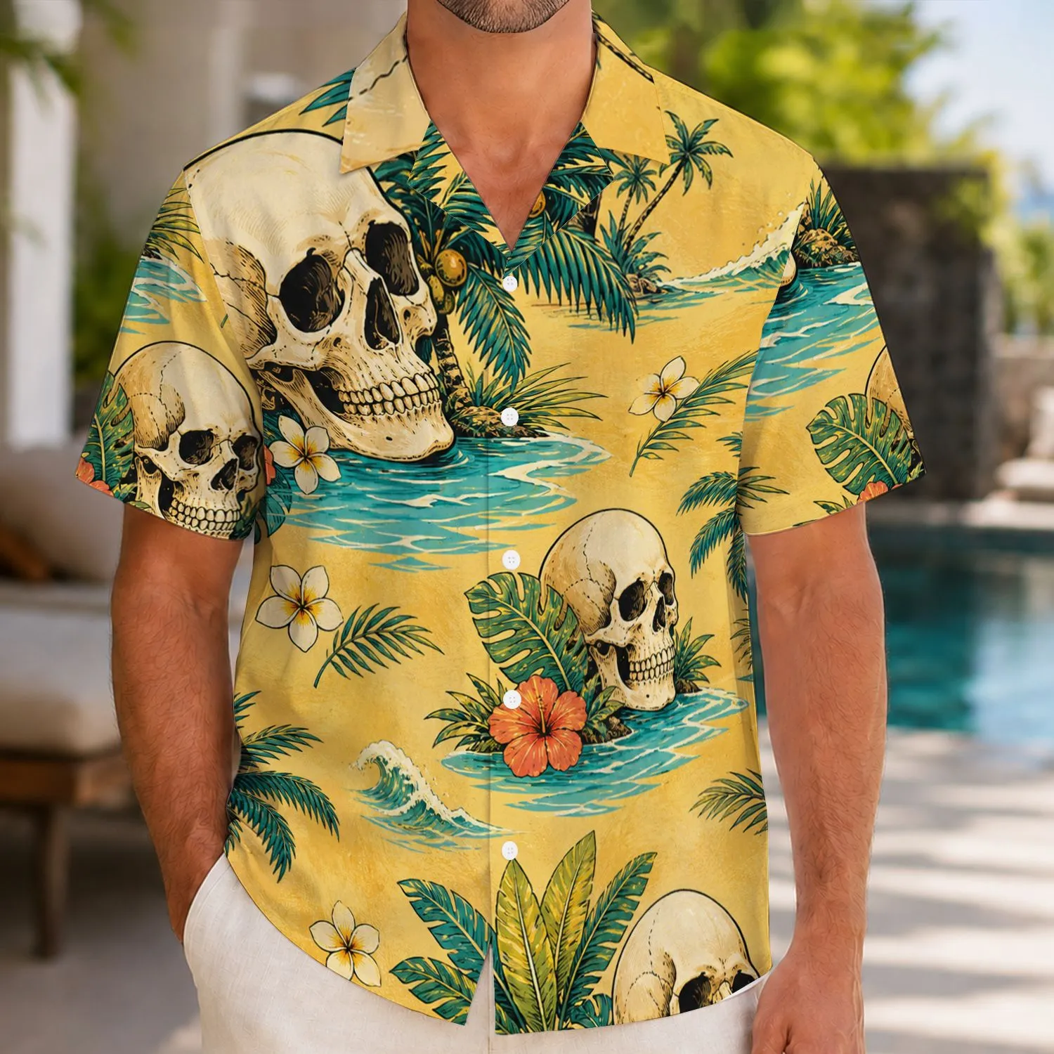 Skull Coconut Palm Sunset Scene for Men's Beach Vacations and Island Getaway Travel Hawaiian Shirt - 1