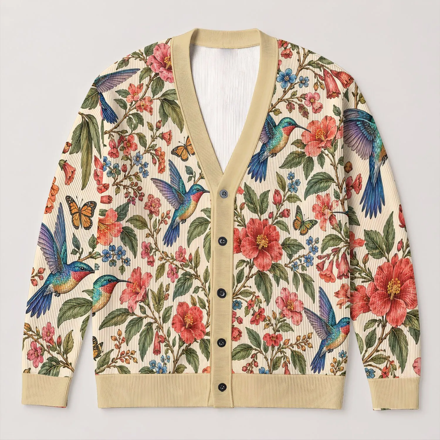 Hummingbird Floral Garden Motifs for Relaxed Everyday Layering, Women’s Nature Style All-over Print Knitted Cardigan - 1