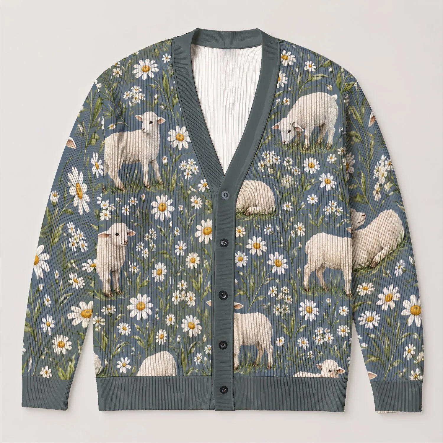 Sheep And Daisy Meadow Motif For Cozy Fall Layering And Countryside Weekend Style All-over Print Knitted Cardigan - 1