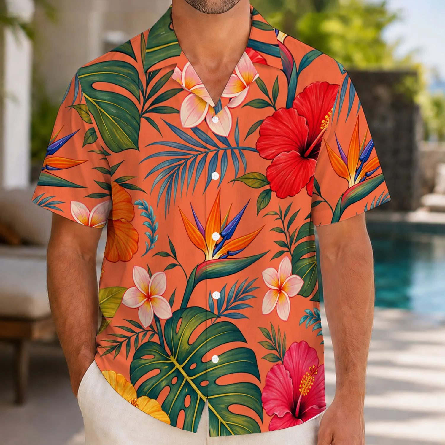 Orange Tropical Hibiscus And Monstera Botanical Style For Resort Vacation Outfits Hawaiian Shirt - 1