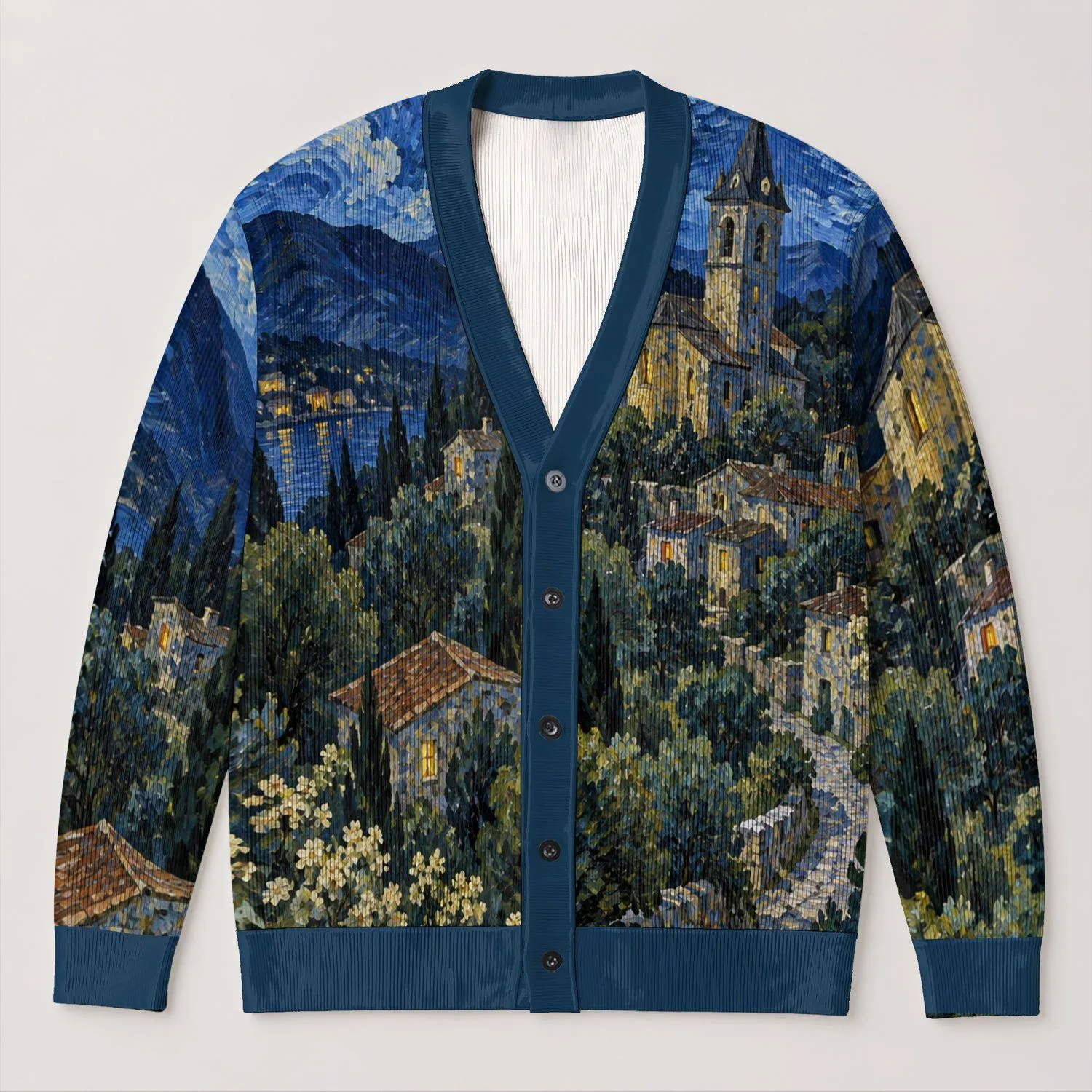 Swirling Starry Village Scene For Bohemian Layering And Creative Weekend Wardrobe All-over Print Knitted Cardigan - 1