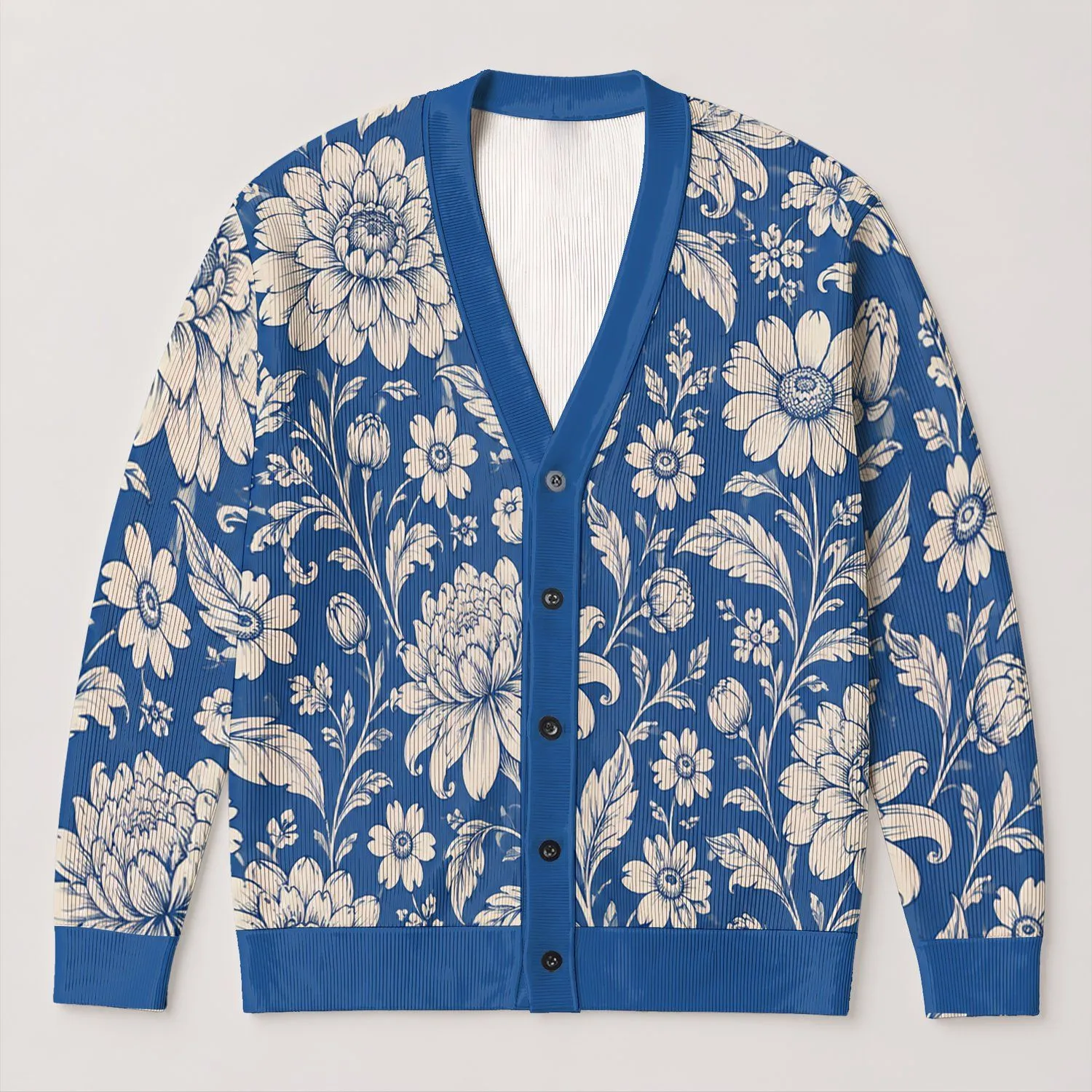 Blue Cream Botanical Floral Motifs for Autumn Layering and Everyday Office Style for Women All-over Print Knitted Cardigan - 1
