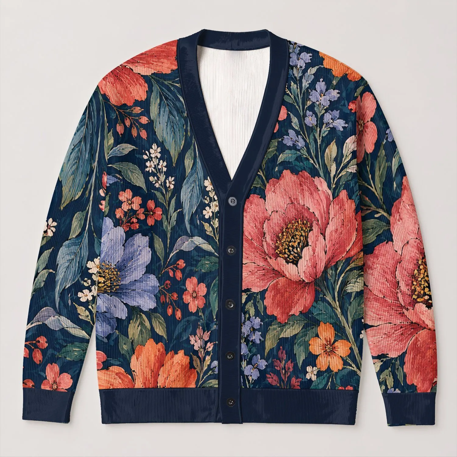 Painterly Floral Navy Garden Blooms for Coastal Resort Layering and Everyday Wear Style All-over Print Knitted Cardigan - 1