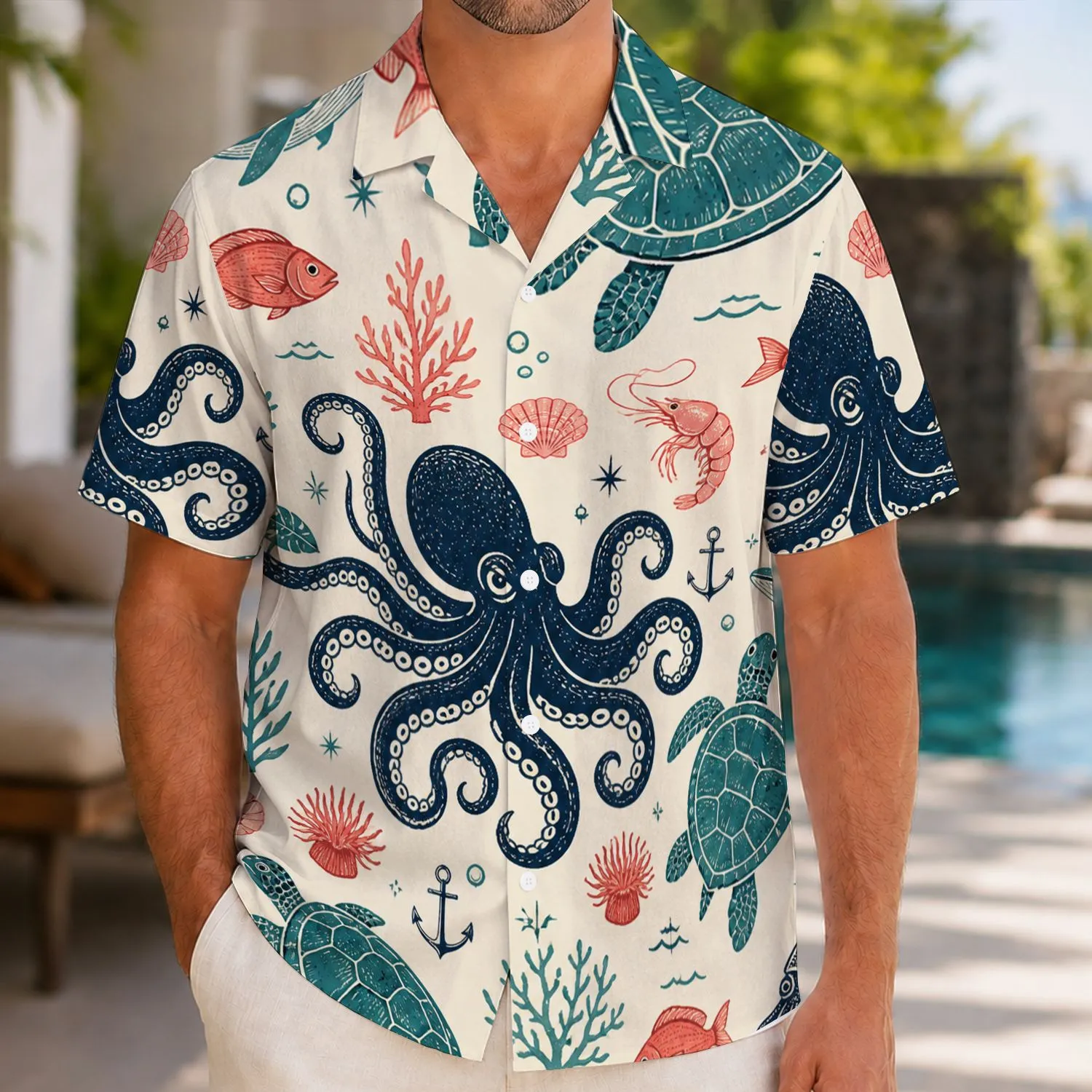 Ocean Octopus And Tropical Sea Life For Beach Vacations, Island Getaways, Coastal Men Hawaiian Shirt - 1