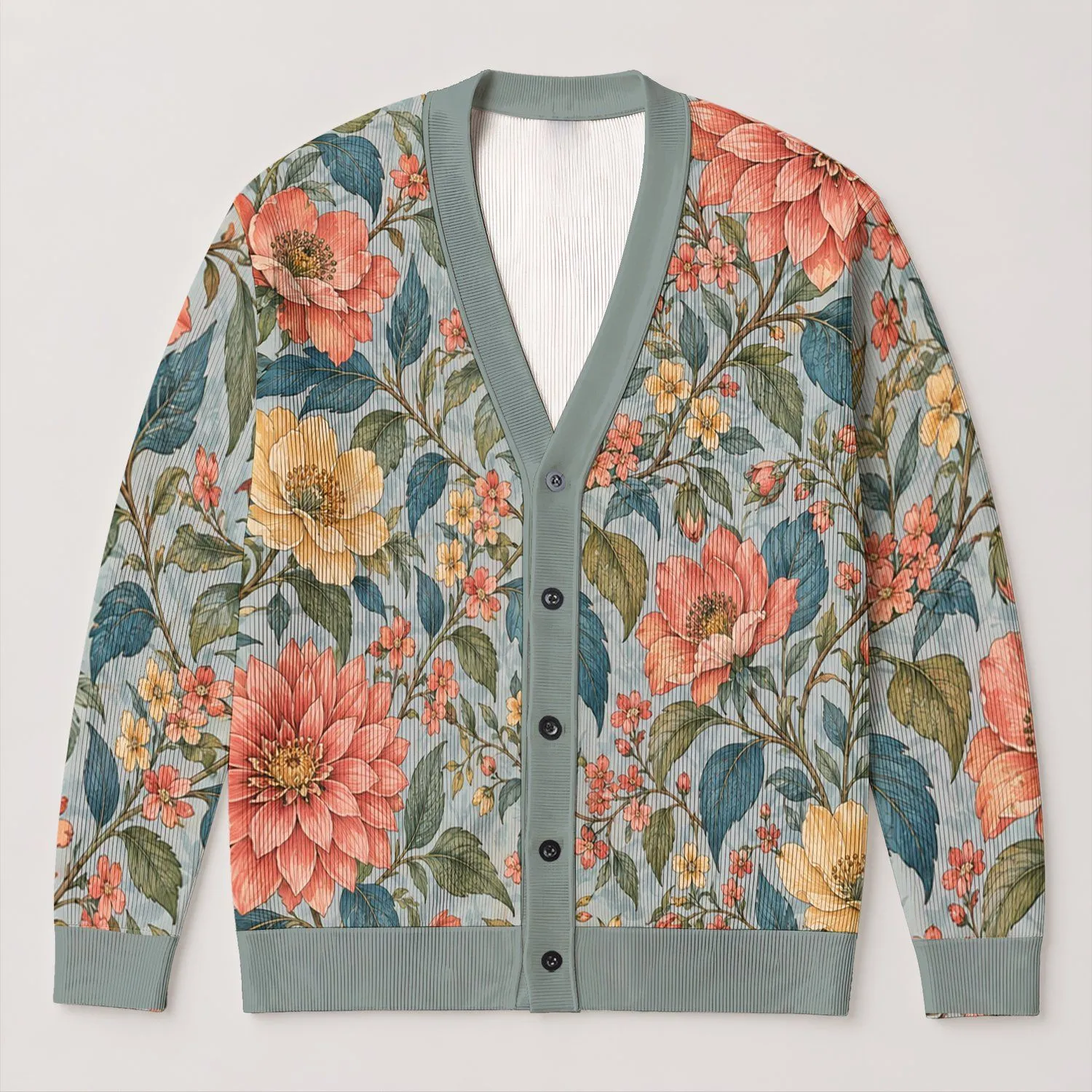 Colorful Botanical Blooms For Casual Autumn-Winter Layering And Everyday Womenswear All-over Print Knitted Cardigan - 1