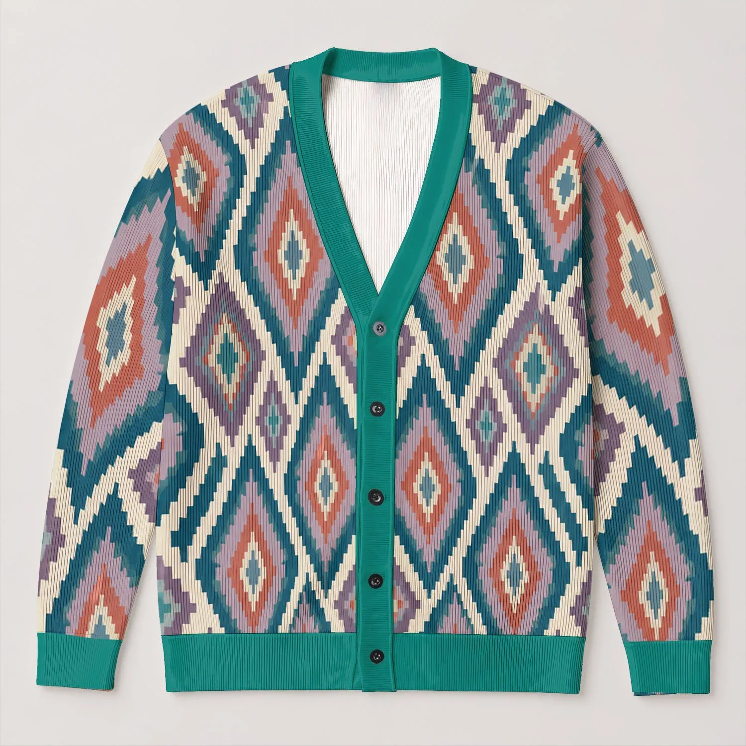 Geometric Diamond Teal and Mauve Layering Style for Everyday Casual Women's Wear All-over Print Knitted Cardigan - 1