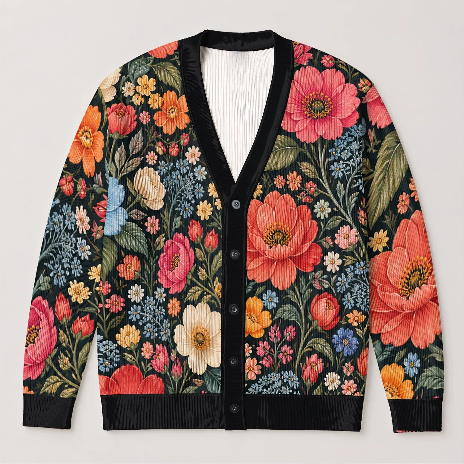 Colorful Floral Botanicals for Artistic Autumn Layering and Everyday Women’s Style All-over Print Knitted Cardigan - 1