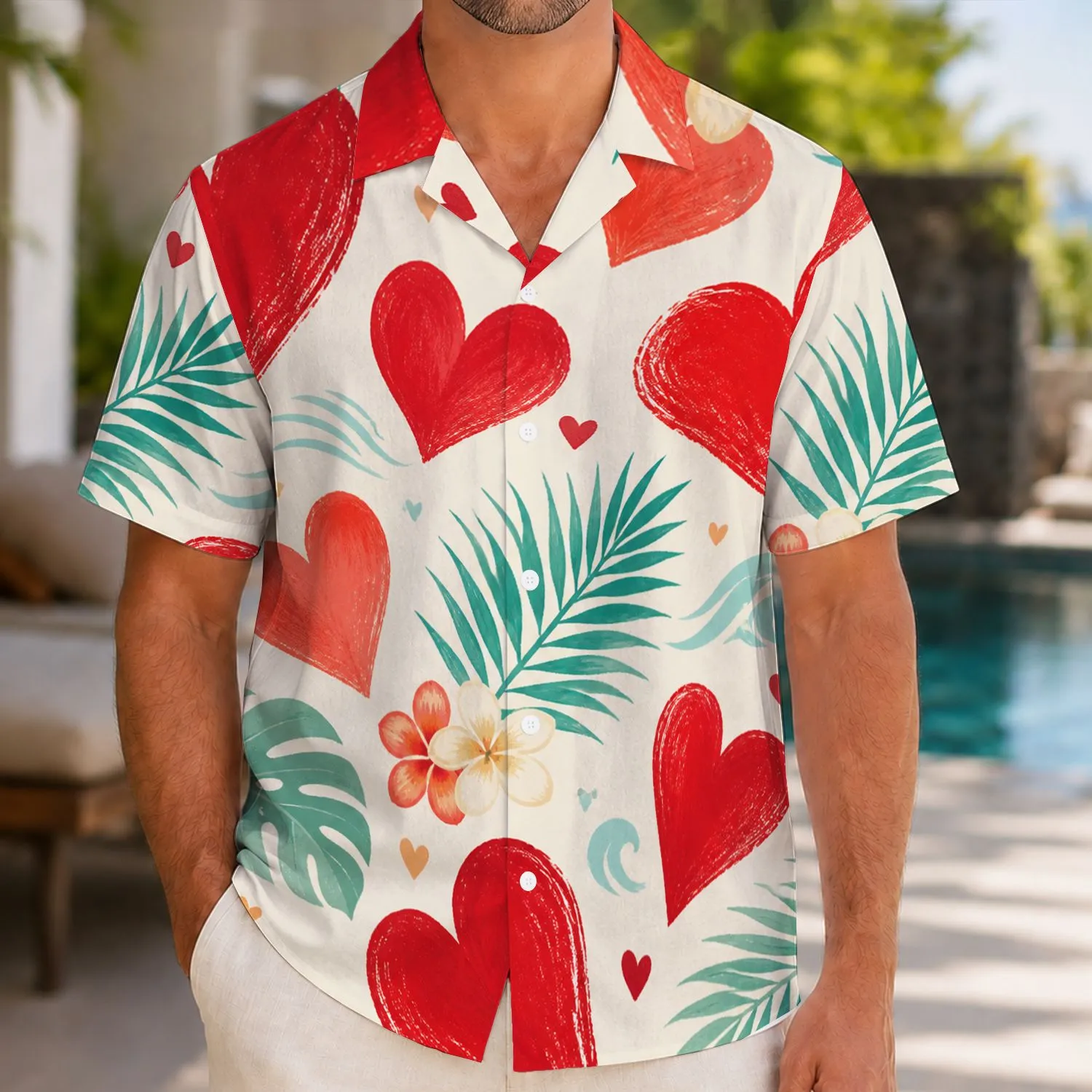 Red Heart Tropical Resort Style For Valentine's Day Vacations And Everyday Leisure Men Hawaiian Shirt - 1