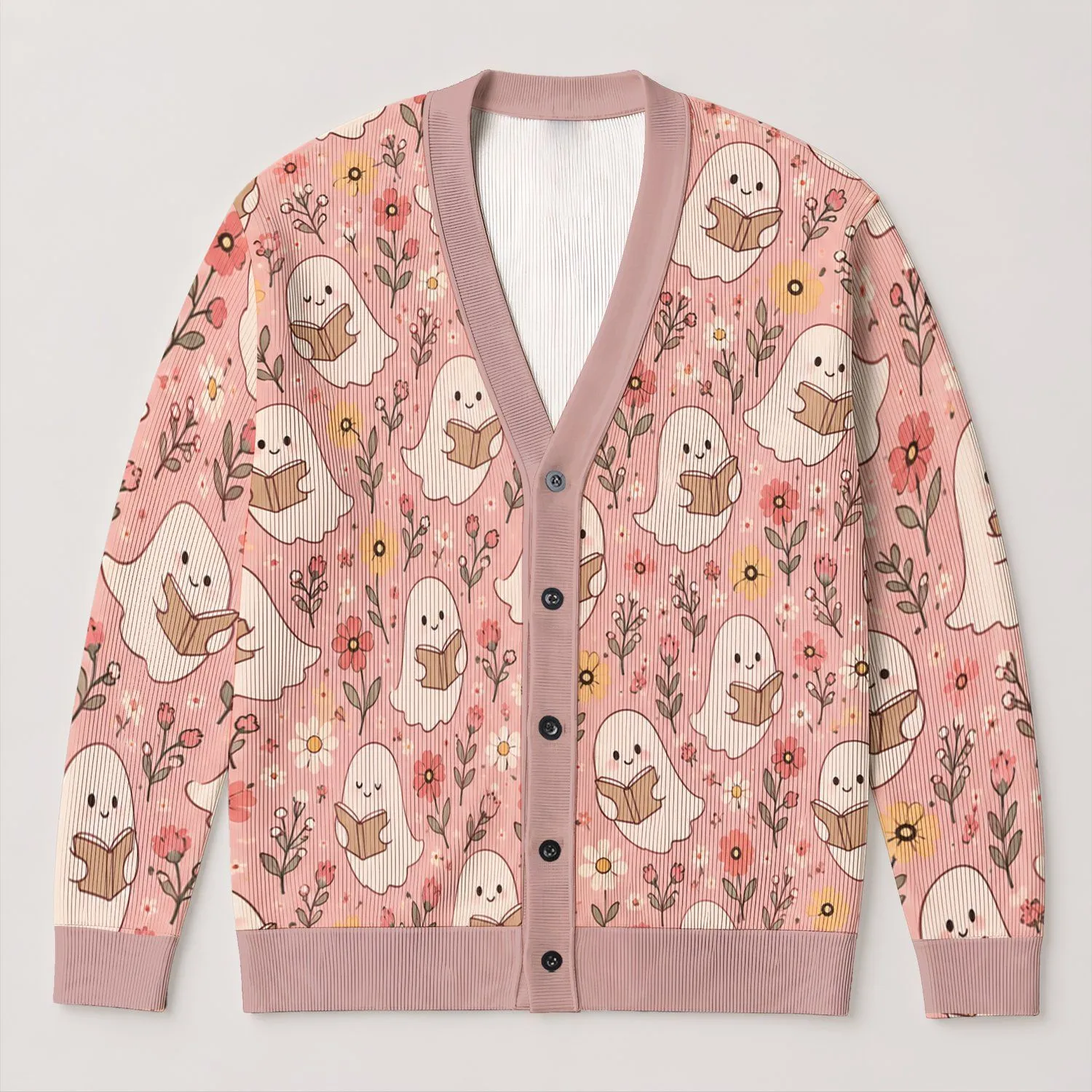 Cute Reading Ghosts And Wildflowers For Cozy Autumn Days, Gift For Book Lovers Everywhere All-over Print Knitted Cardigan - 1