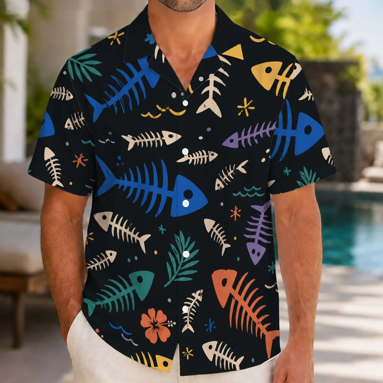 Colorful Fishbone Ocean Motifs For Beach Holidays And Coastal Casual Wear For Men Hawaiian Shirt - 1