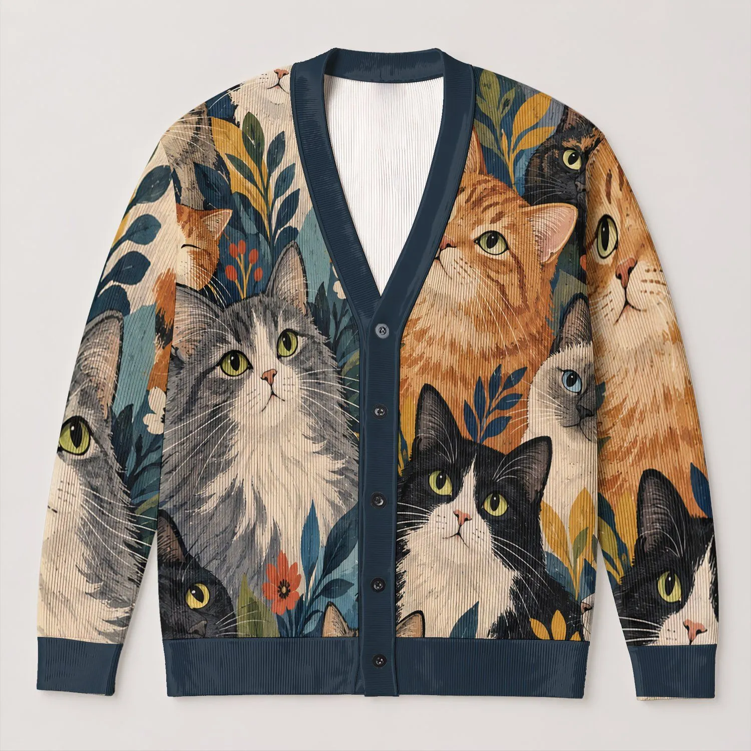 Colorful Cat Faces for Cozy Everyday Layering and Playful Weekend Outings at Home All-over Print Knitted Cardigan - 1