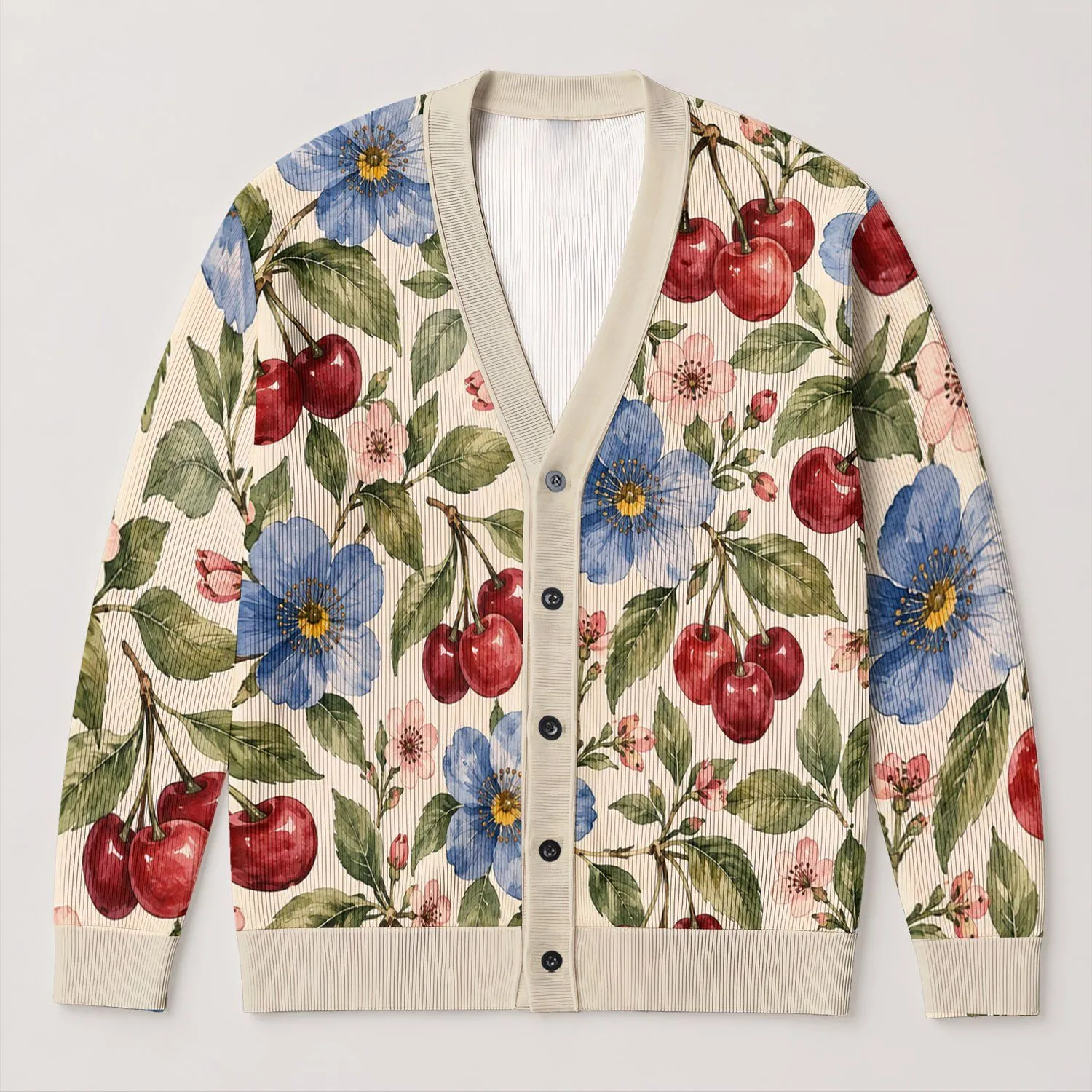 Cherry And Blue Floral Motifs For Autumn Layering, Relaxed Everyday Women's Style All-over Print Knitted Cardigan - 1