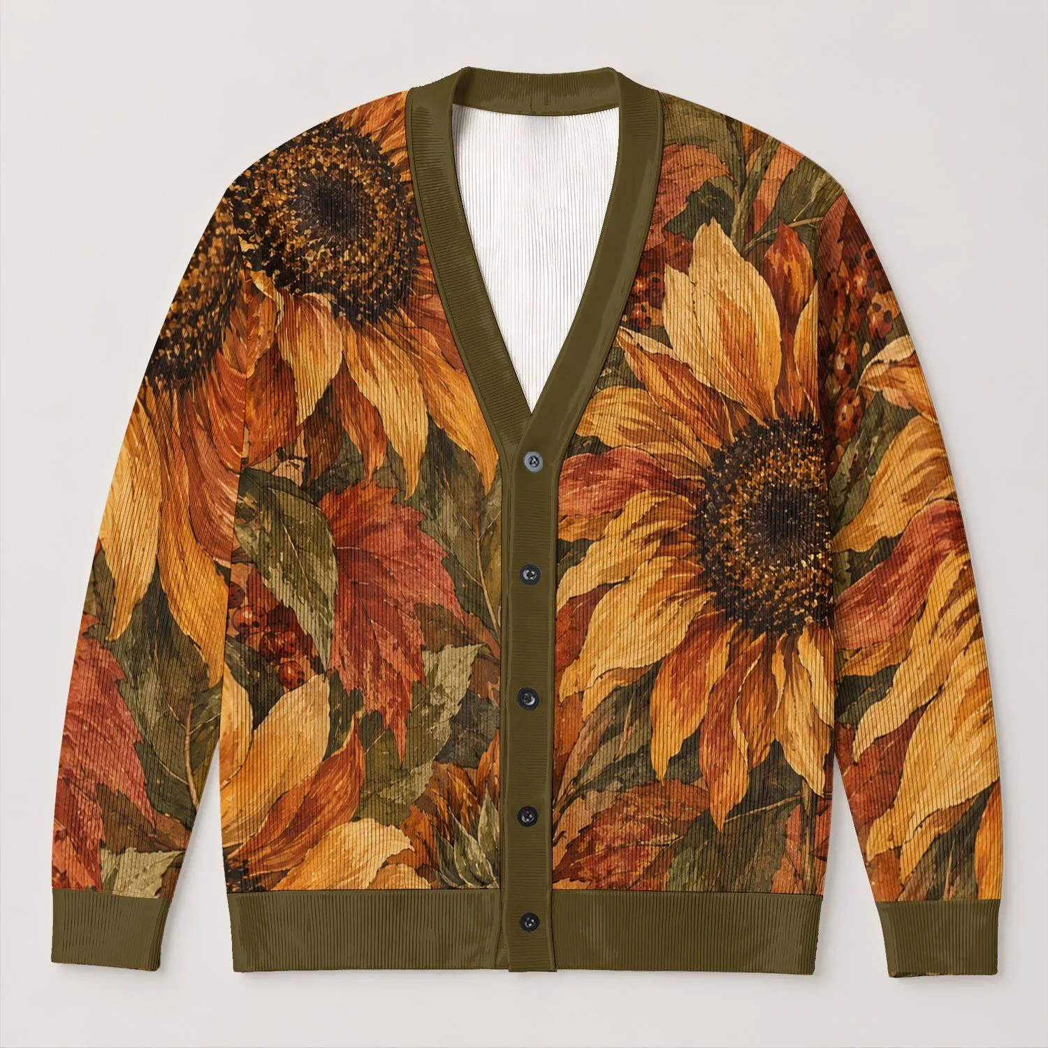 Sunflower Autumn Botanical Motifs for Cozy Fall Layering and Everyday Women's Style All-over Print Knitted Cardigan - 1