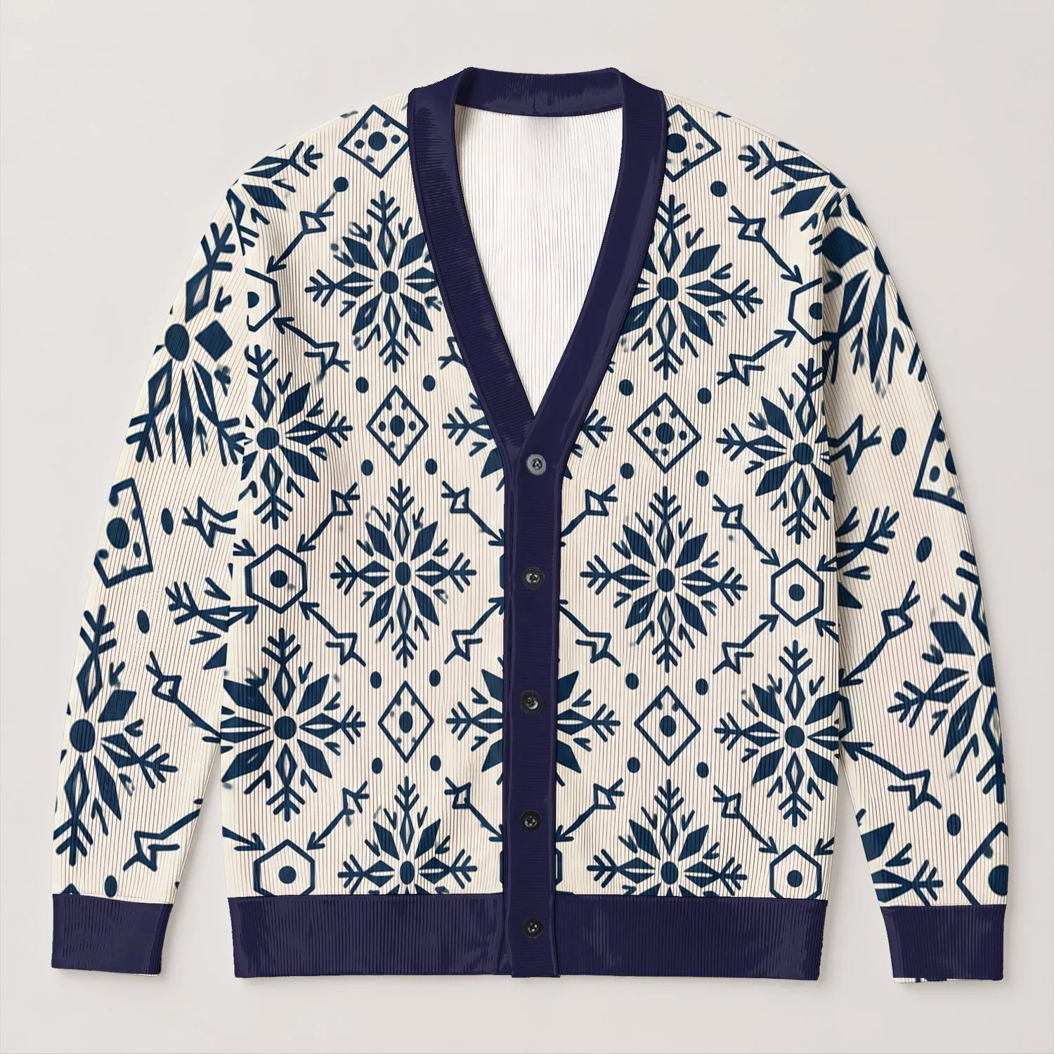 Navy Snowflake Geometric Motifs For Cozy Winter Layering And Nordic Style All-over Print Knitted Cardigan - 1
