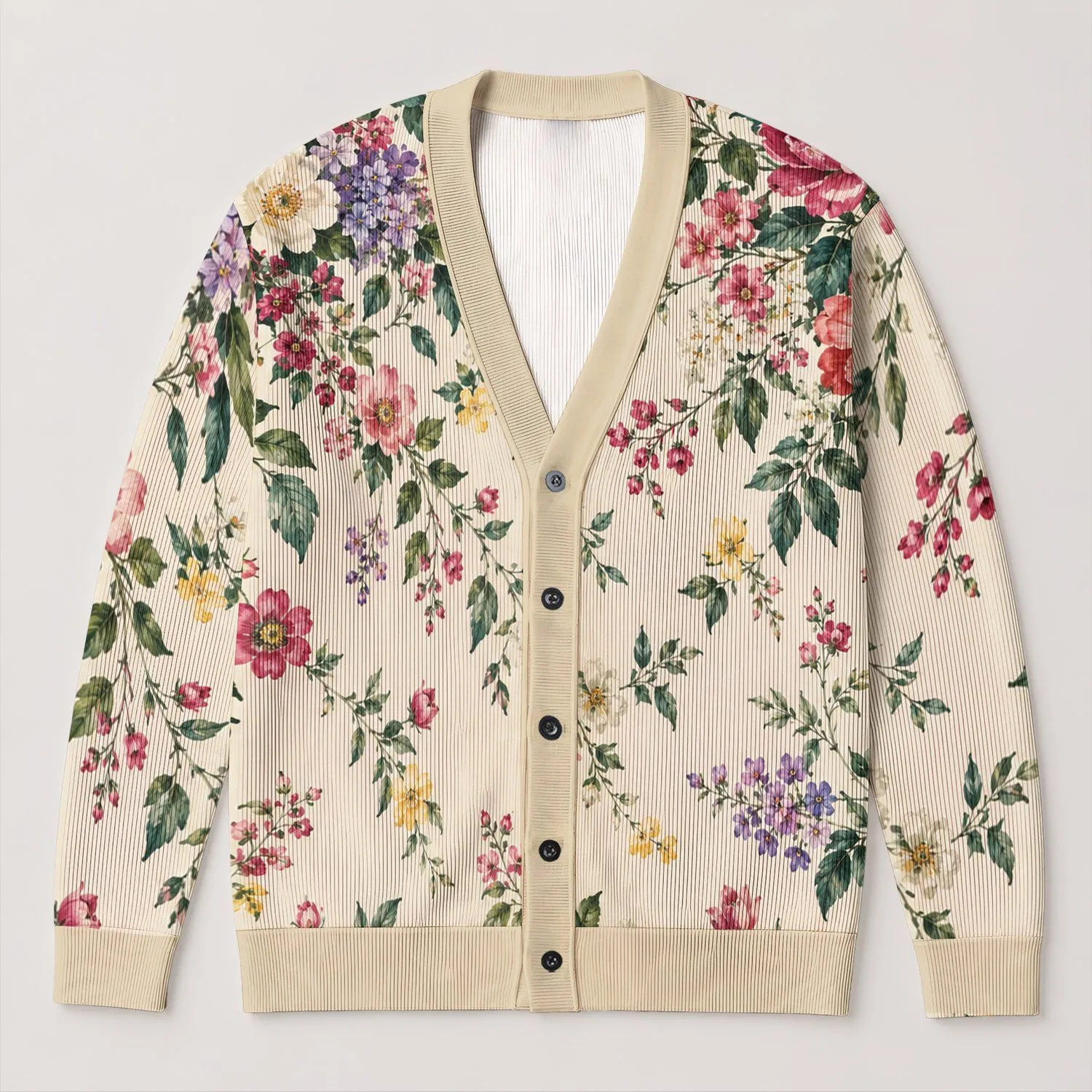Watercolor Floral Garden With Pink Blooms for Everyday Layering, Women's Spring Style All-over Print Knitted Cardigan - 1