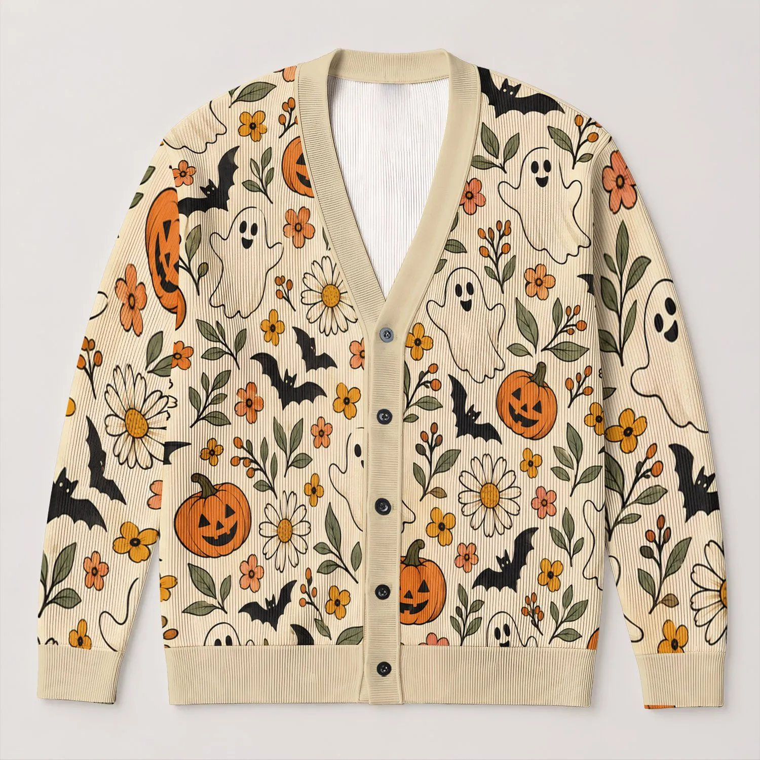 Women's Halloween Bats Pumpkins Ghosts Floral Autumn Layering Style for Fall Gatherings All-over Print Knitted Cardigan - 1