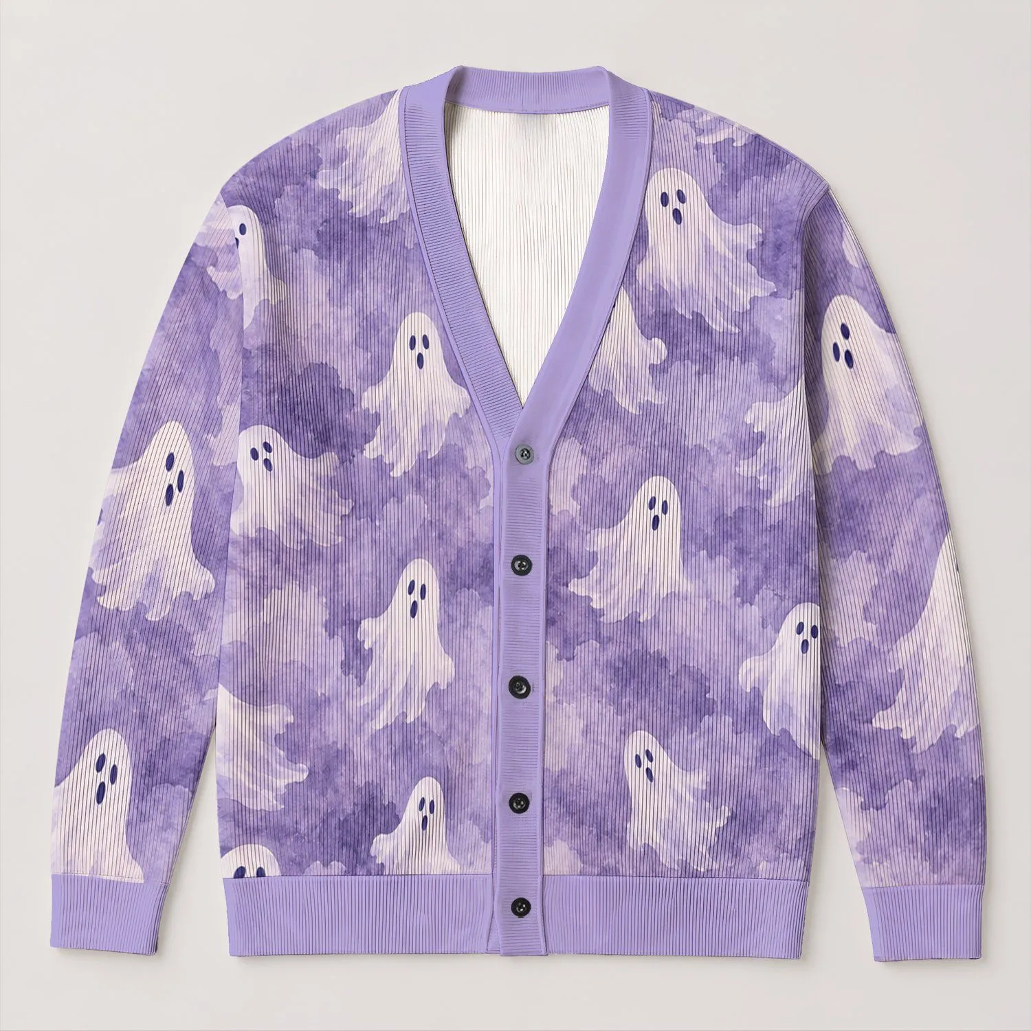 Lavender Ghosts for Cozy Halloween Layers and Casual Fall Outings for Women and Fans All-over Print Knitted Cardigan - 1