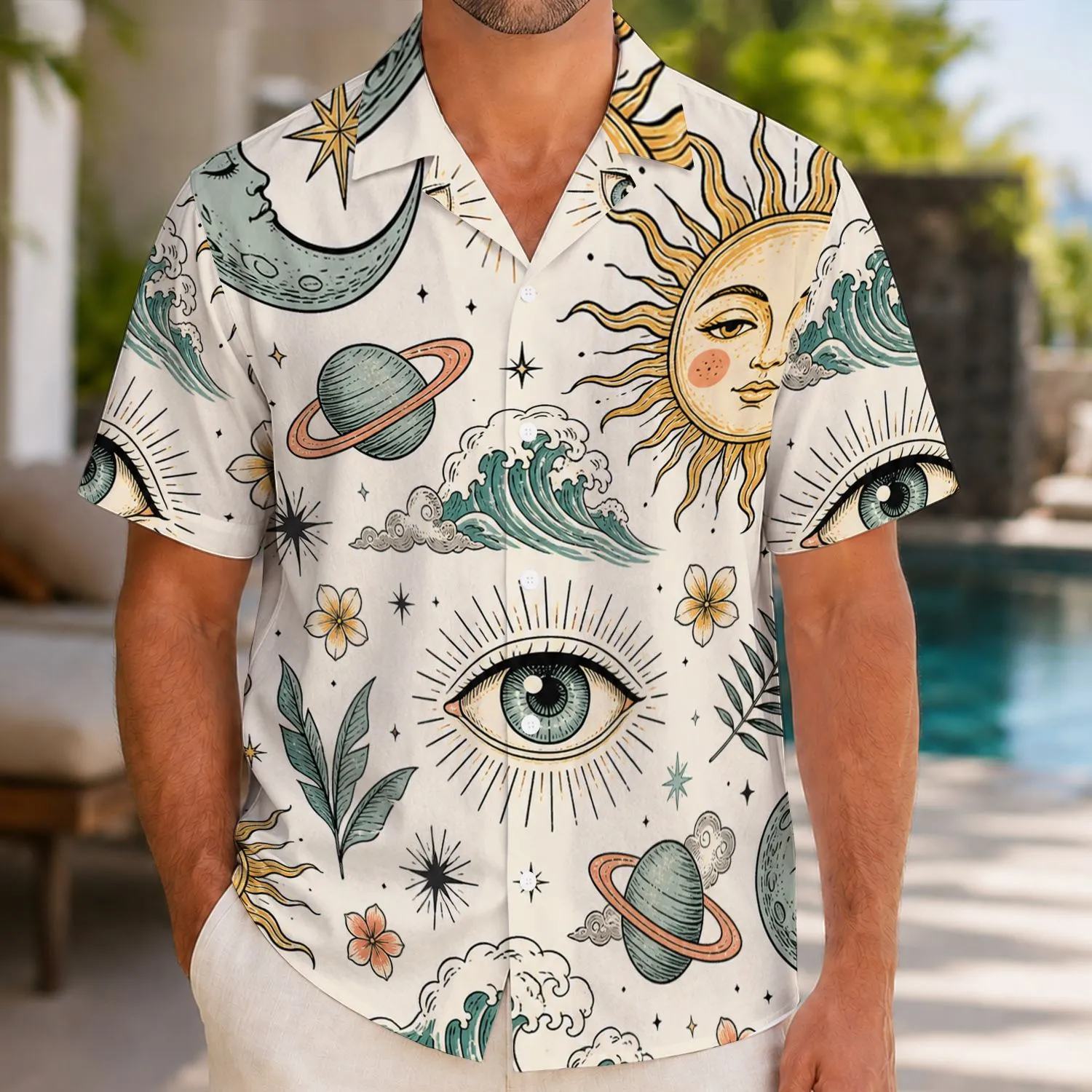 Celestial Eye, Sun and Moon Motifs for Beach Holidays and Island Getaways for Men Hawaiian Shirt - 1