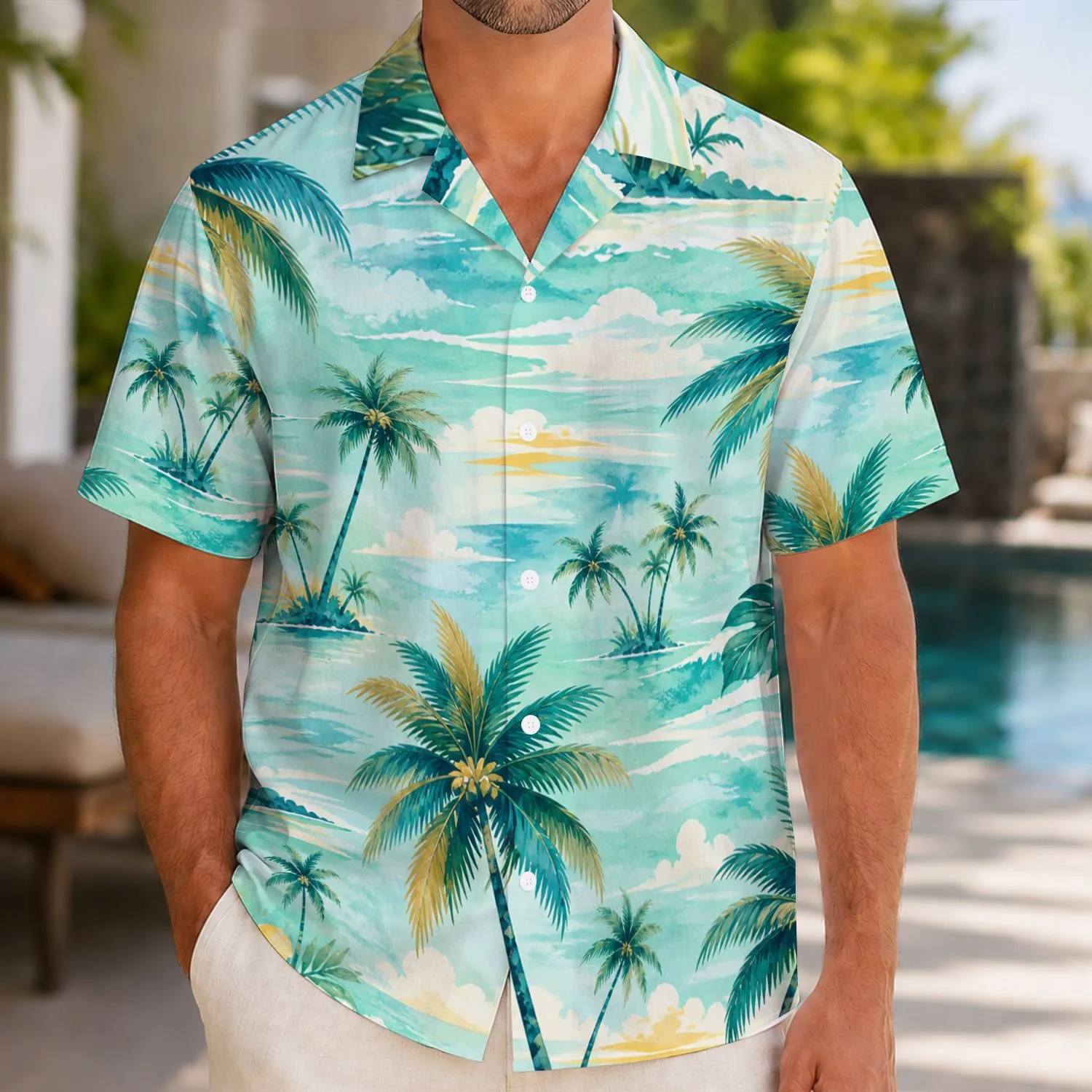 Summer Watercolor Palm Tree Island Scene For Tropical Vacations And Beach Days For Men Hawaiian Shirt - 1