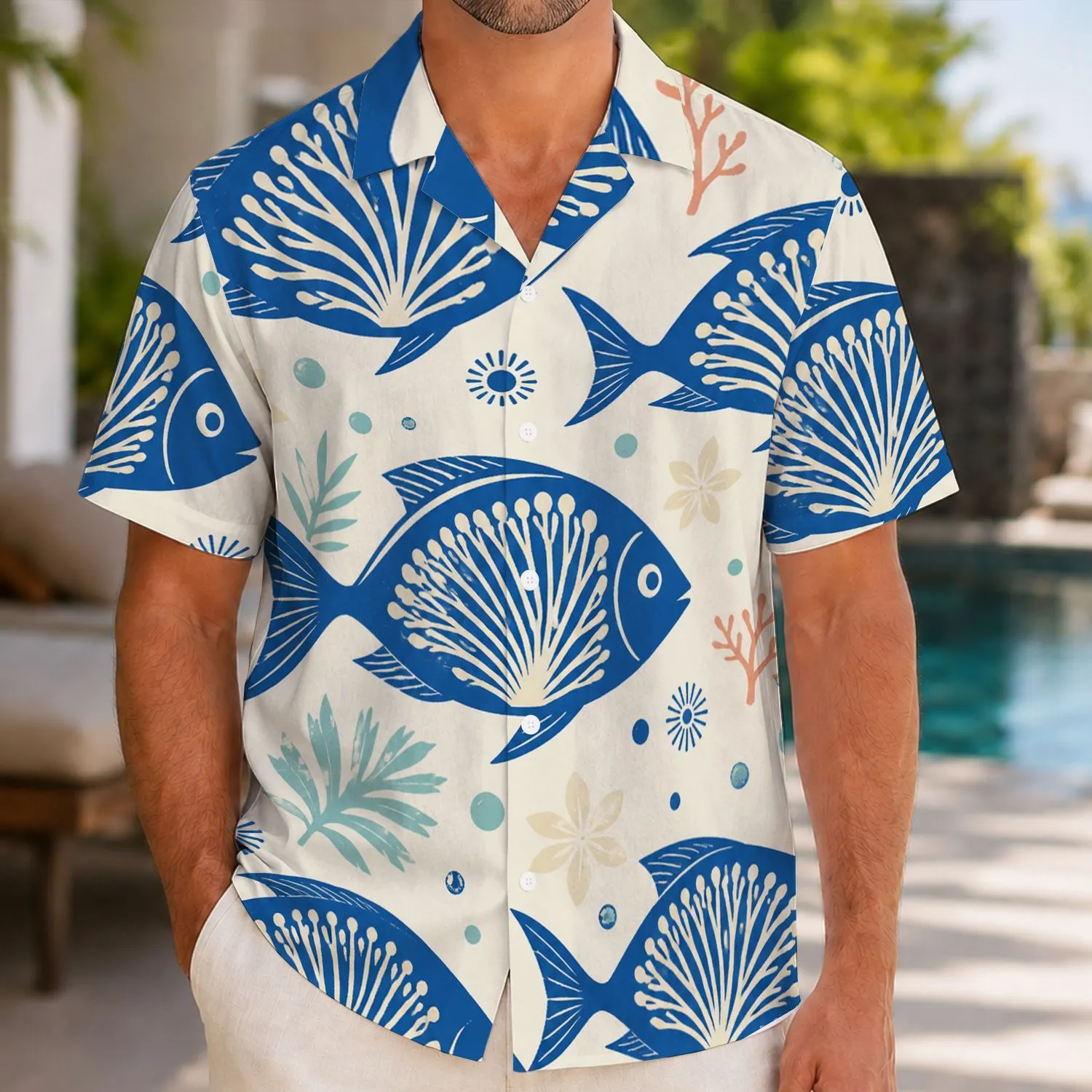 Blue Tropical Fish and Sea Fans for Beach Holidays and Resort Weekends Hawaiian Shirt - 1